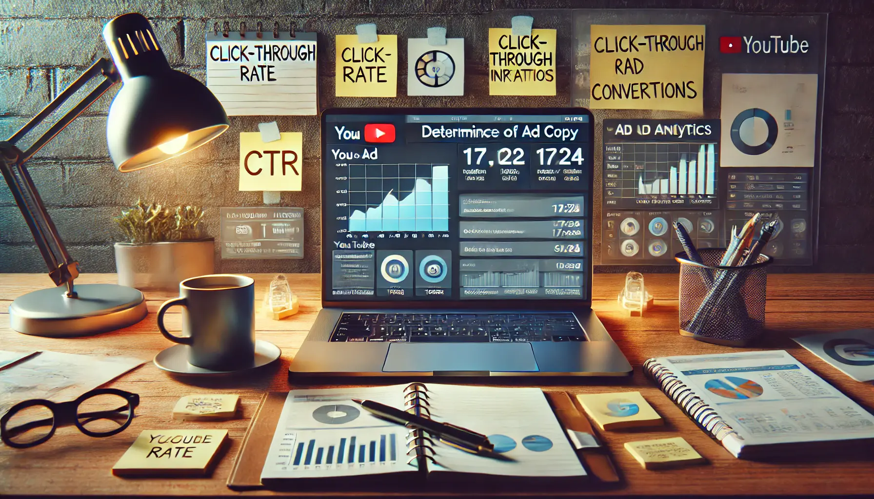 A workspace with a laptop displaying YouTube ad analytics tools, surrounded by sticky notes with key metrics for performance.