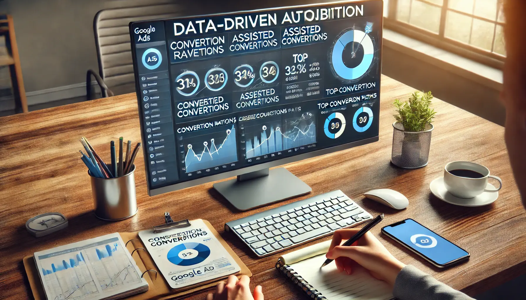 Digital marketer analyzing data-driven attribution performance metrics on a Google Ads dashboard showing conversion rates and conversion paths.