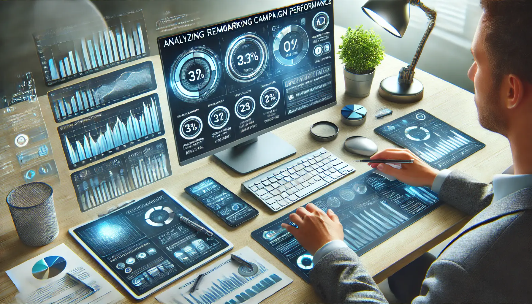 Digital marketing setup with a computer screen displaying analytics, performance metrics, and charts for campaign analysis.