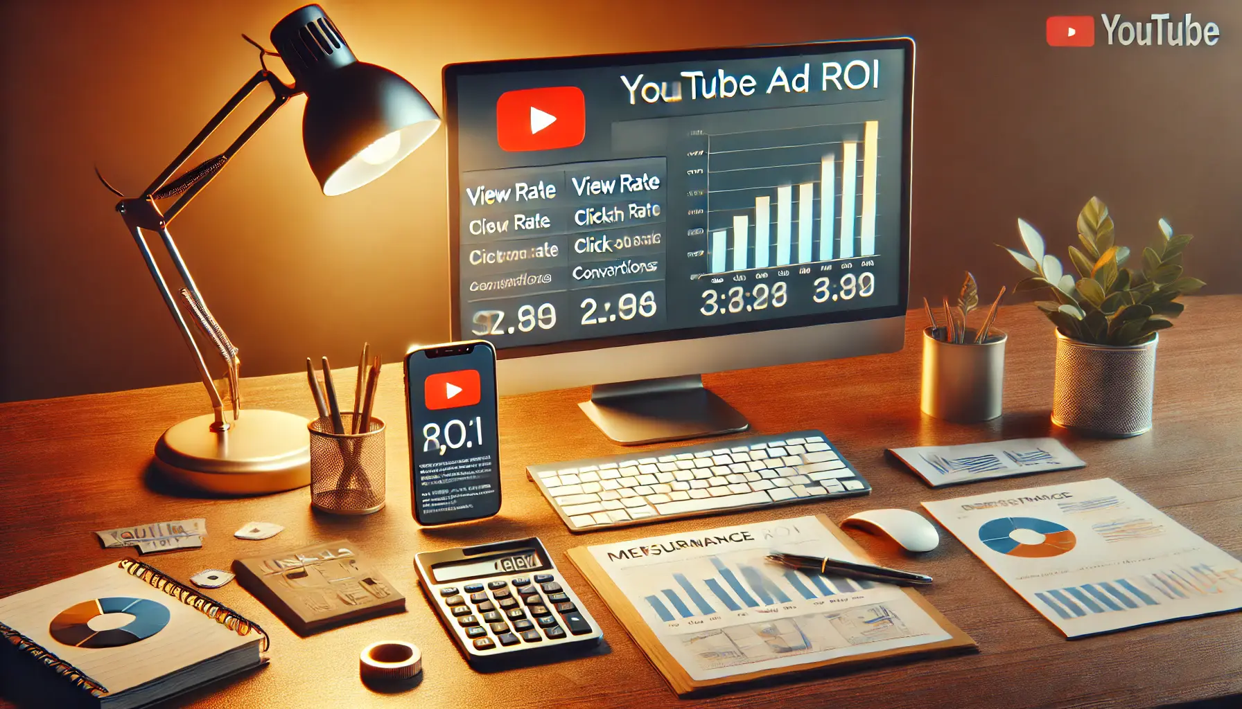 A realistic image of a workspace with a computer displaying YouTube ad analytics, symbolizing the analysis of ROI in YouTube advertising.