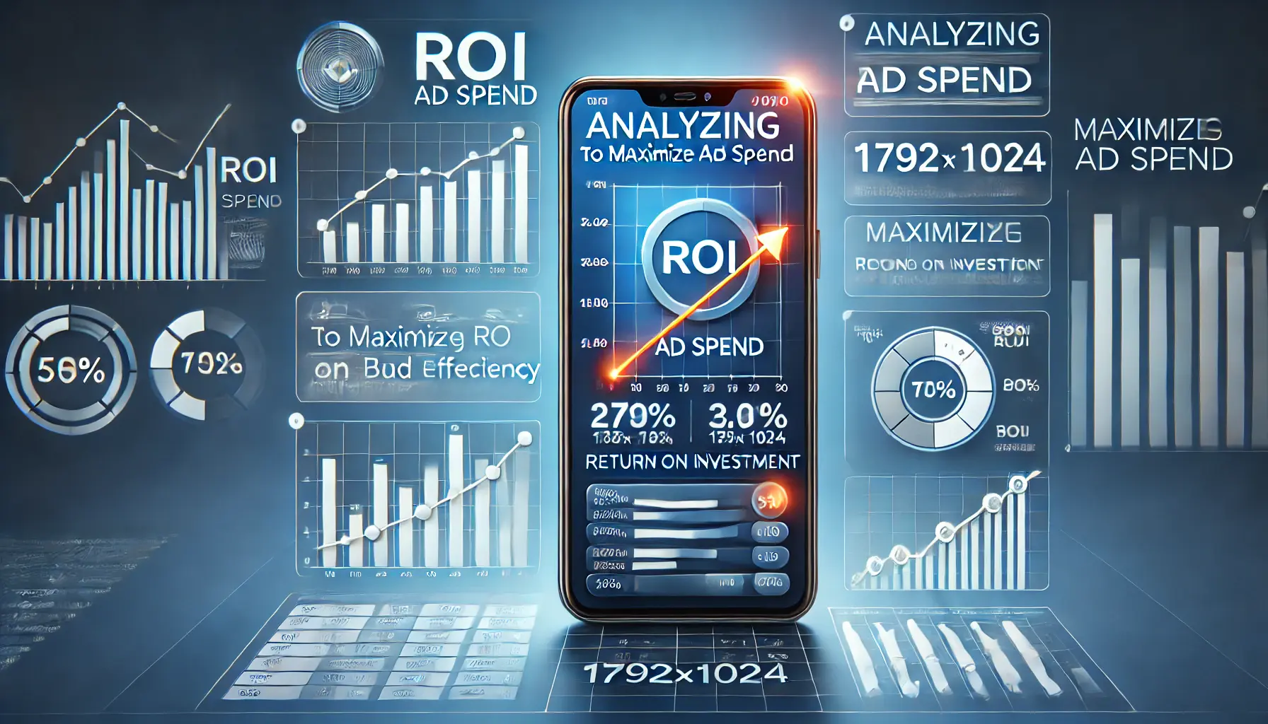 Smartphone displaying app ad with financial graphs and ROI metrics for ad spend analysis