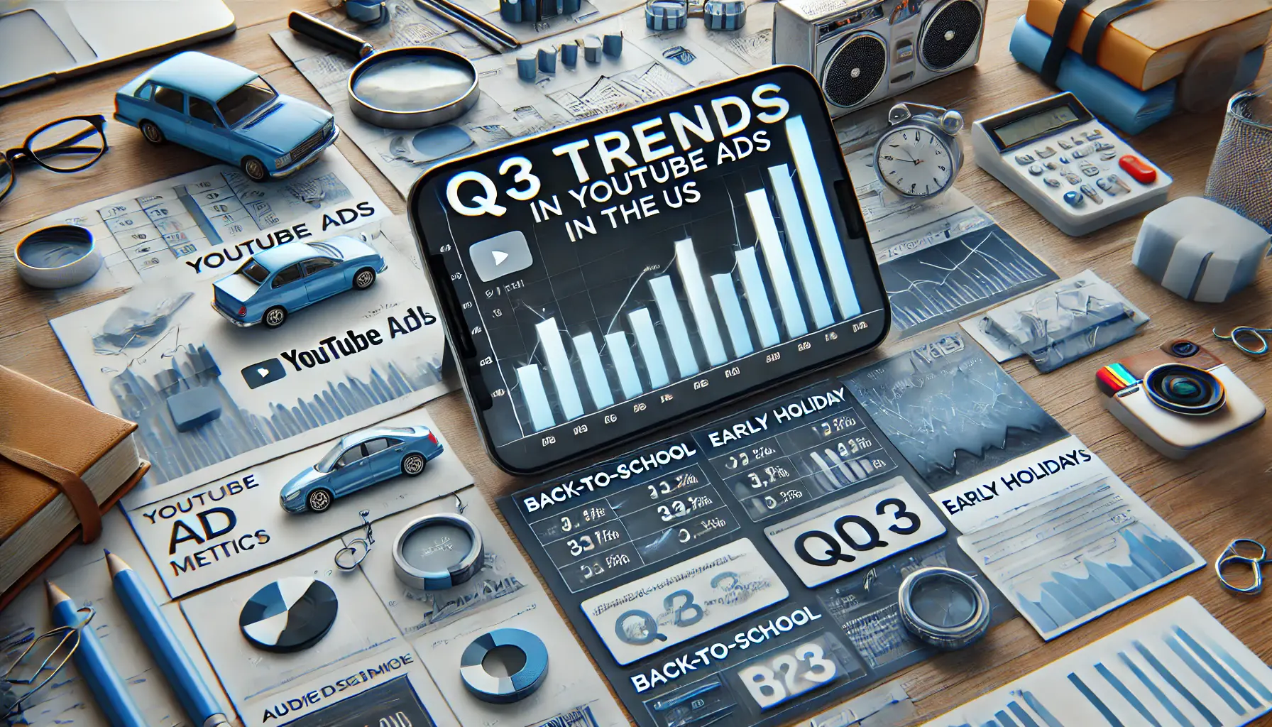 Image illustrating Q3 trends analysis in YouTube Ads with seasonal ad metrics and engagement analytics.