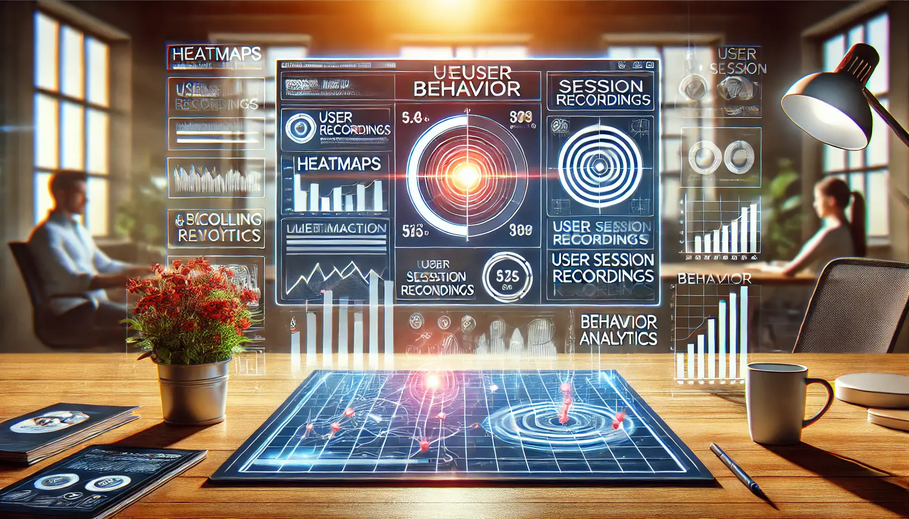 Digital marketing scene showing a marketing dashboard with tools like heatmaps and behavior analytics, highlighting user interaction points