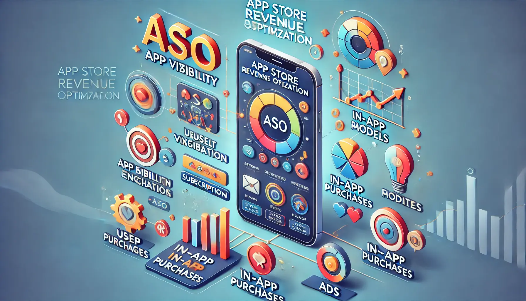 Digital illustration of a mobile device symbolizing app store revenue optimization through various ASO strategies and monetization models.