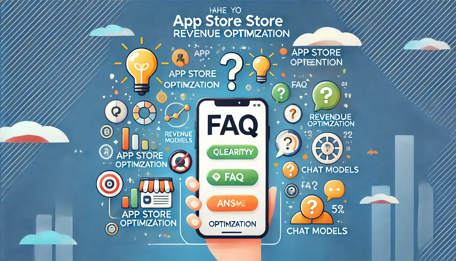 Digital illustration of a mobile device with icons representing questions and answers related to app store revenue optimization.