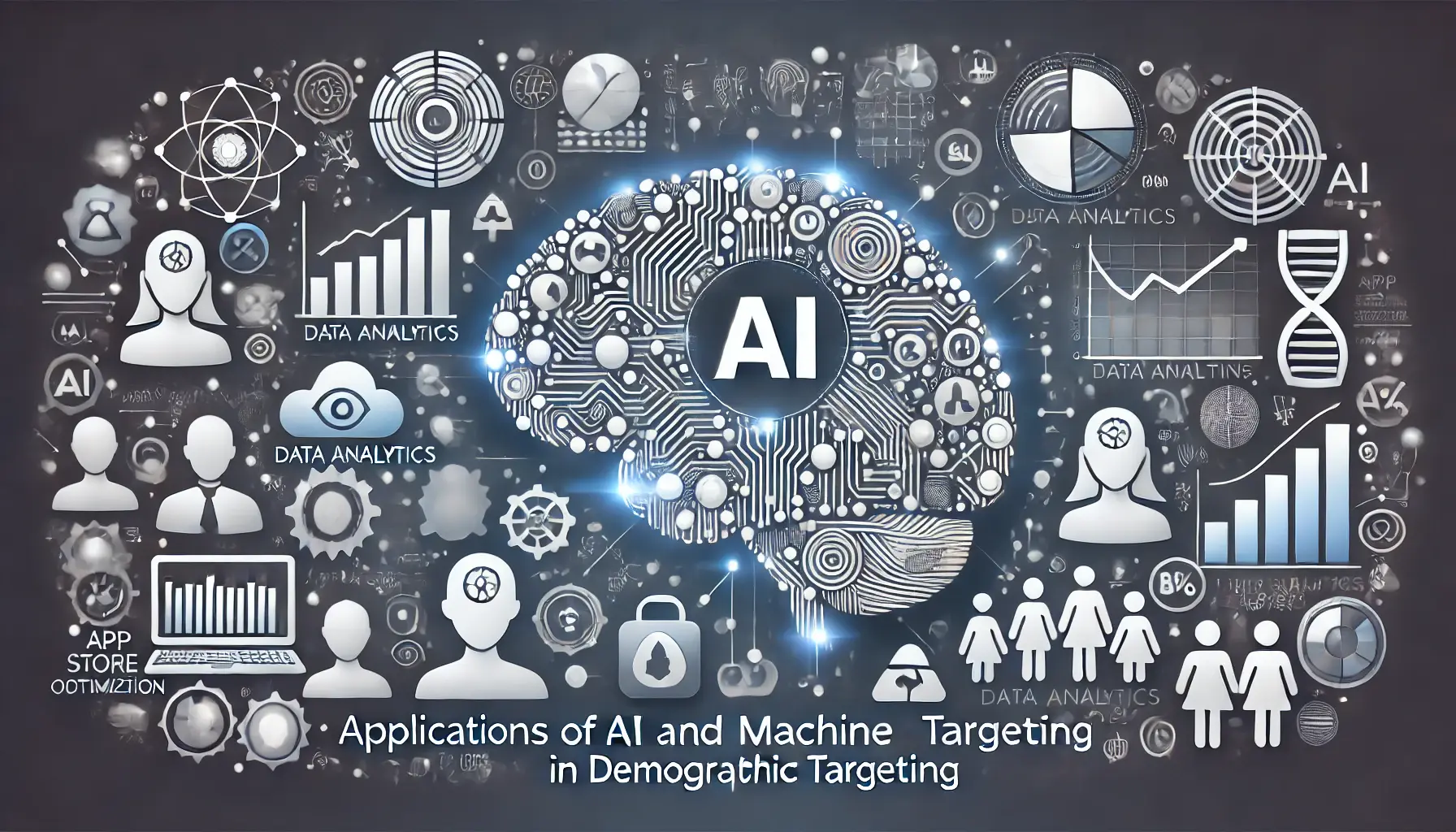 Image illustrating the role of AI and Machine Learning in demographic targeting, featuring a digital brain symbol representing AI, data analytics graphs, and icons representing diverse user demographics.