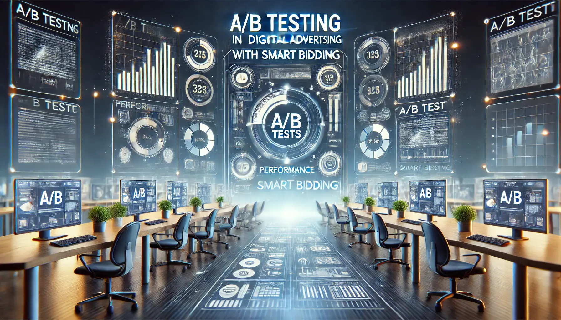 A visual representation of A/B testing with split screens, performance comparison charts, and test indicators symbolizing experimentation in digital advertising.