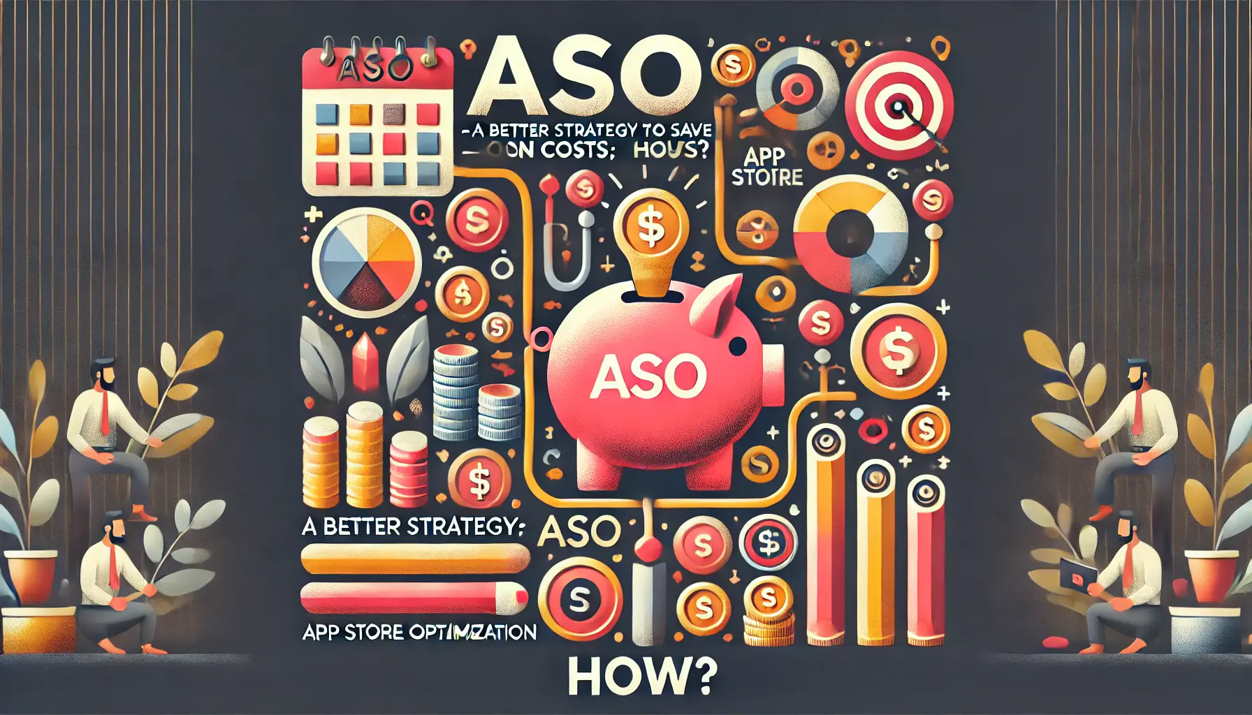 Abstract image symbolizing cost-saving strategies in ASO with visuals of a piggy bank, coins, and efficient pathways.