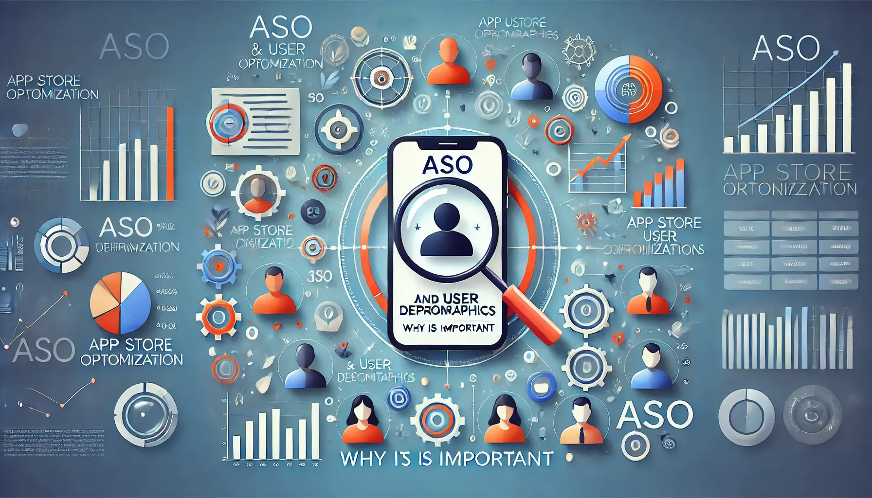 Image illustrating the importance of aligning ASO strategies with user demographics, featuring a mobile app surrounded by diverse user icons, data charts, and analysis symbols.