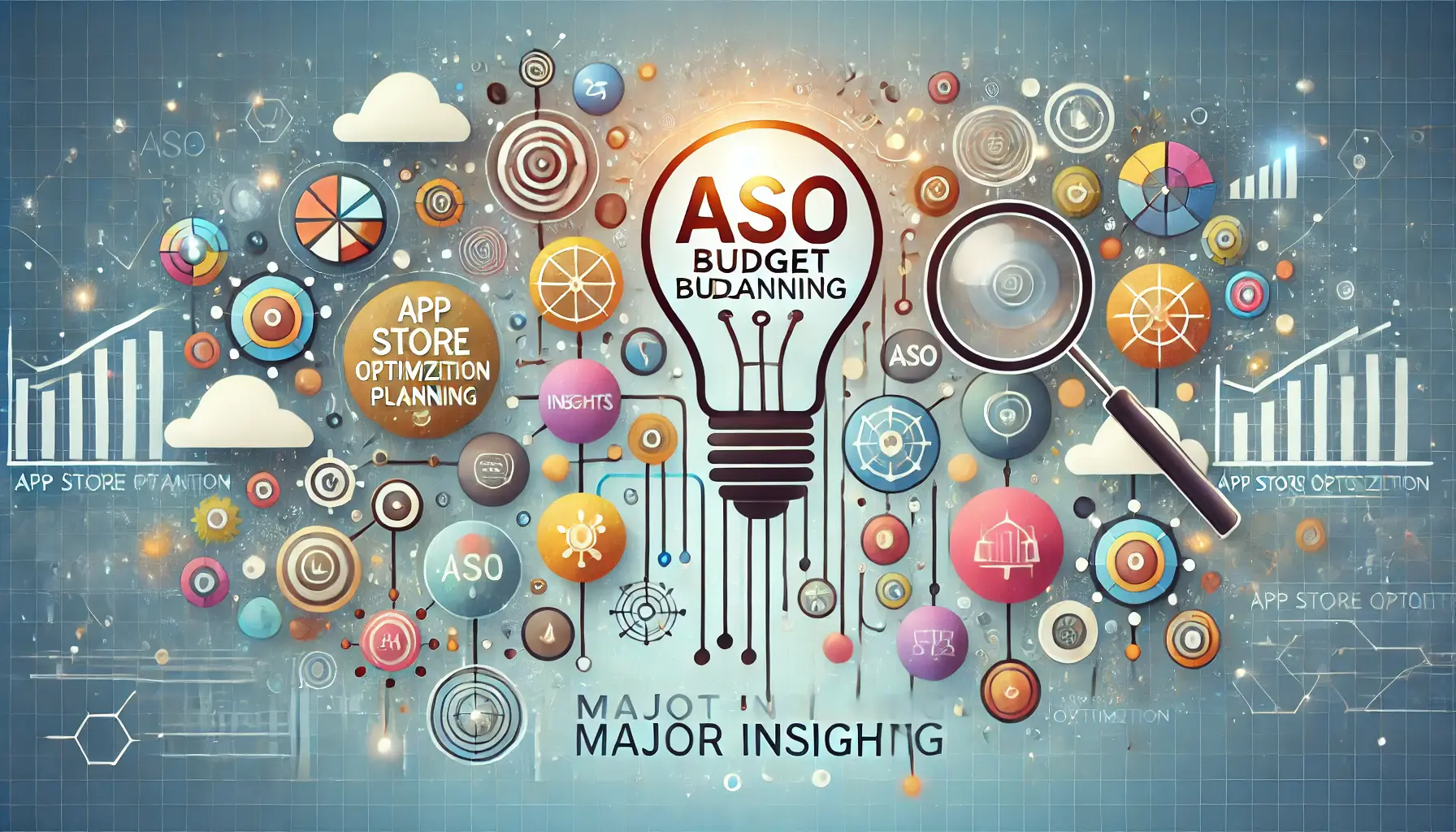 Abstract image symbolizing key insights in ASO budget planning with visuals of a lightbulb representing ideas, interconnected nodes representing knowledge, and a magnifying glass focusing on key points.