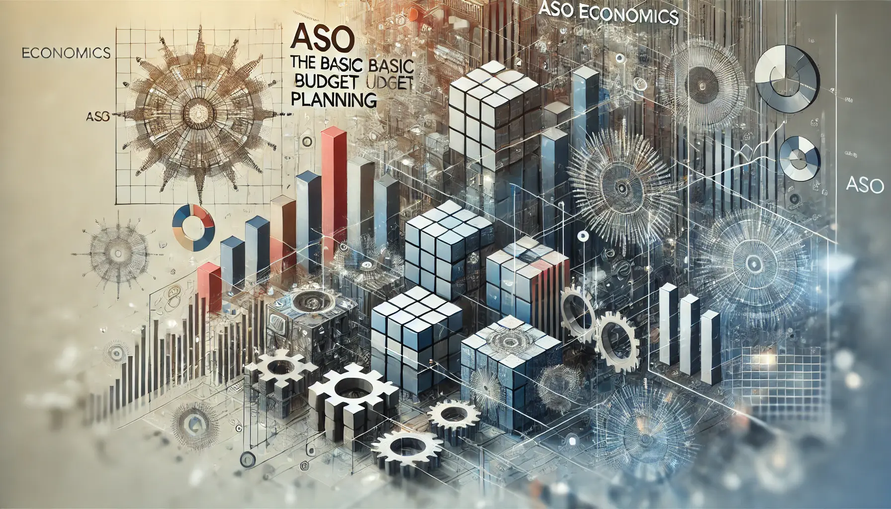 Abstract image symbolizing the foundational elements of ASO budget planning with visuals of building blocks and interconnected systems.