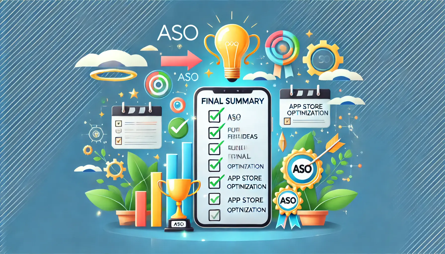 Illustration representing the final summary of ASO for startups, featuring a mobile device with a completed checklist, surrounded by a lightbulb, trophy, and forward-pointing arrows.