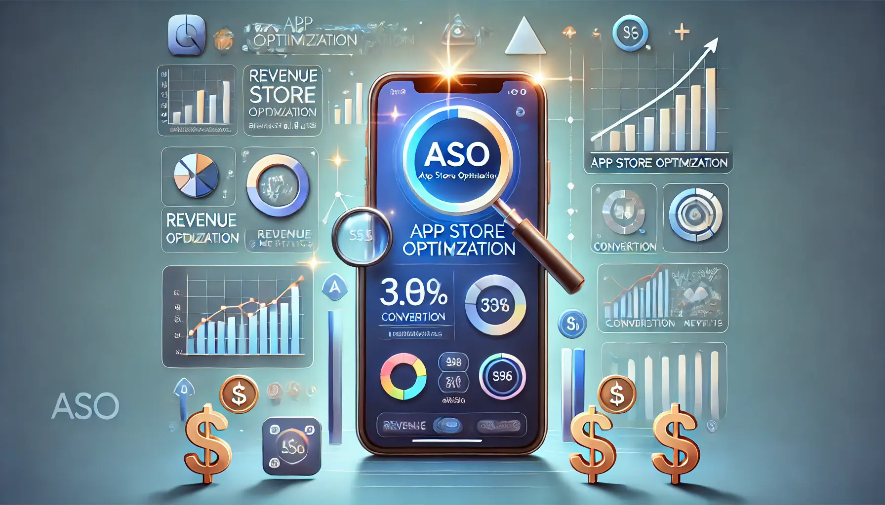 Illustration representing ASO revenue and performance metrics, featuring a mobile device with a dashboard displaying revenue graphs, conversion rates, and user analytics, surrounded by growth indicators and dollar signs.