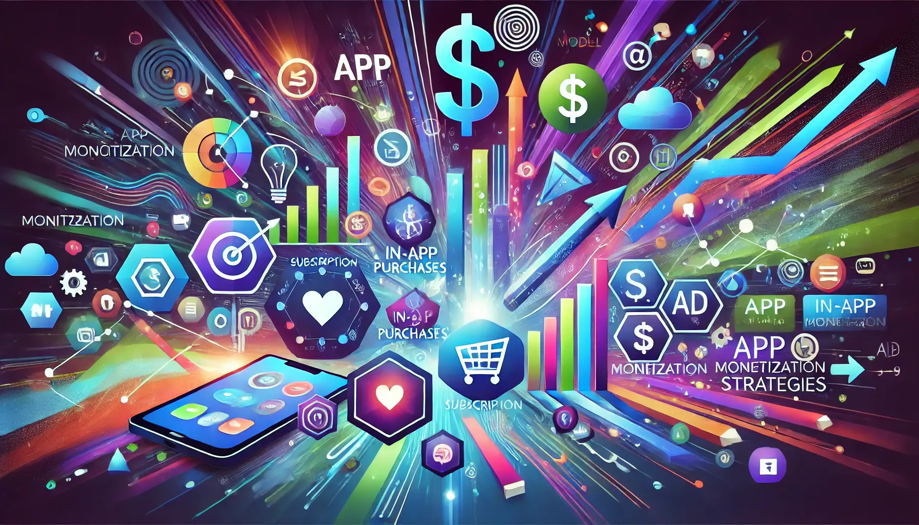 Abstract illustration representing various app monetization strategies, including digital transactions, app interfaces, and growth metrics.