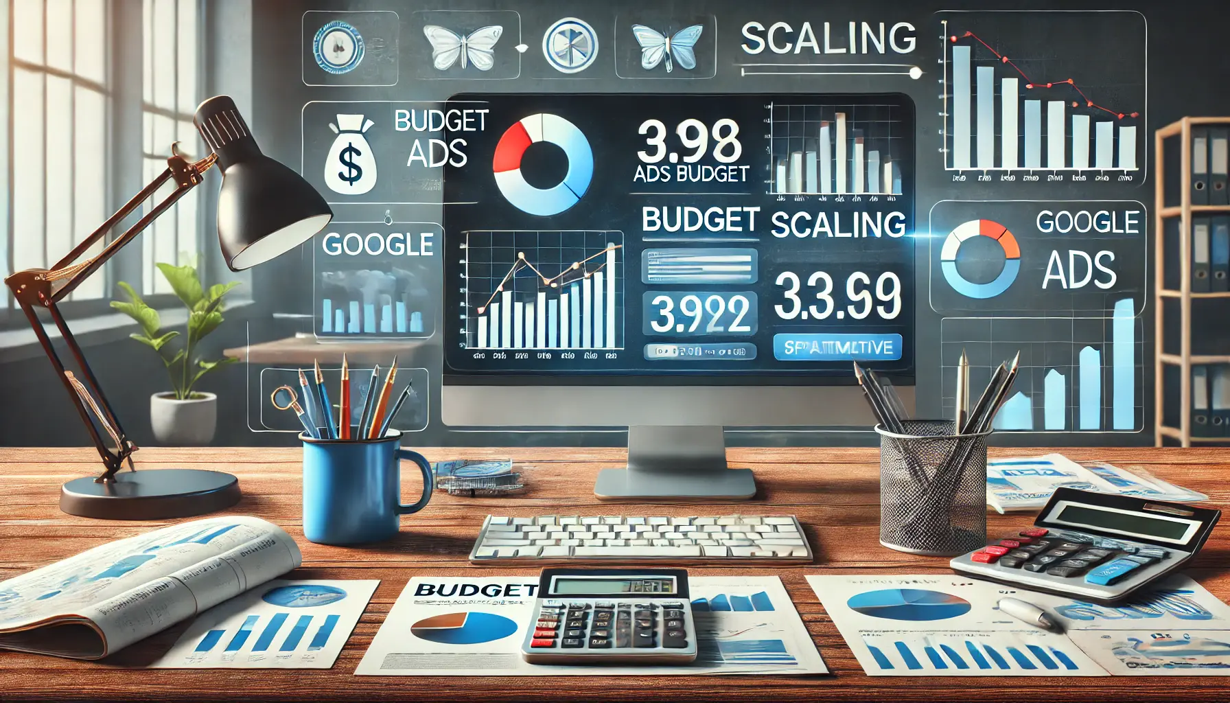 A modern office workspace displaying budget analysis tools and graphs for Google Ads.