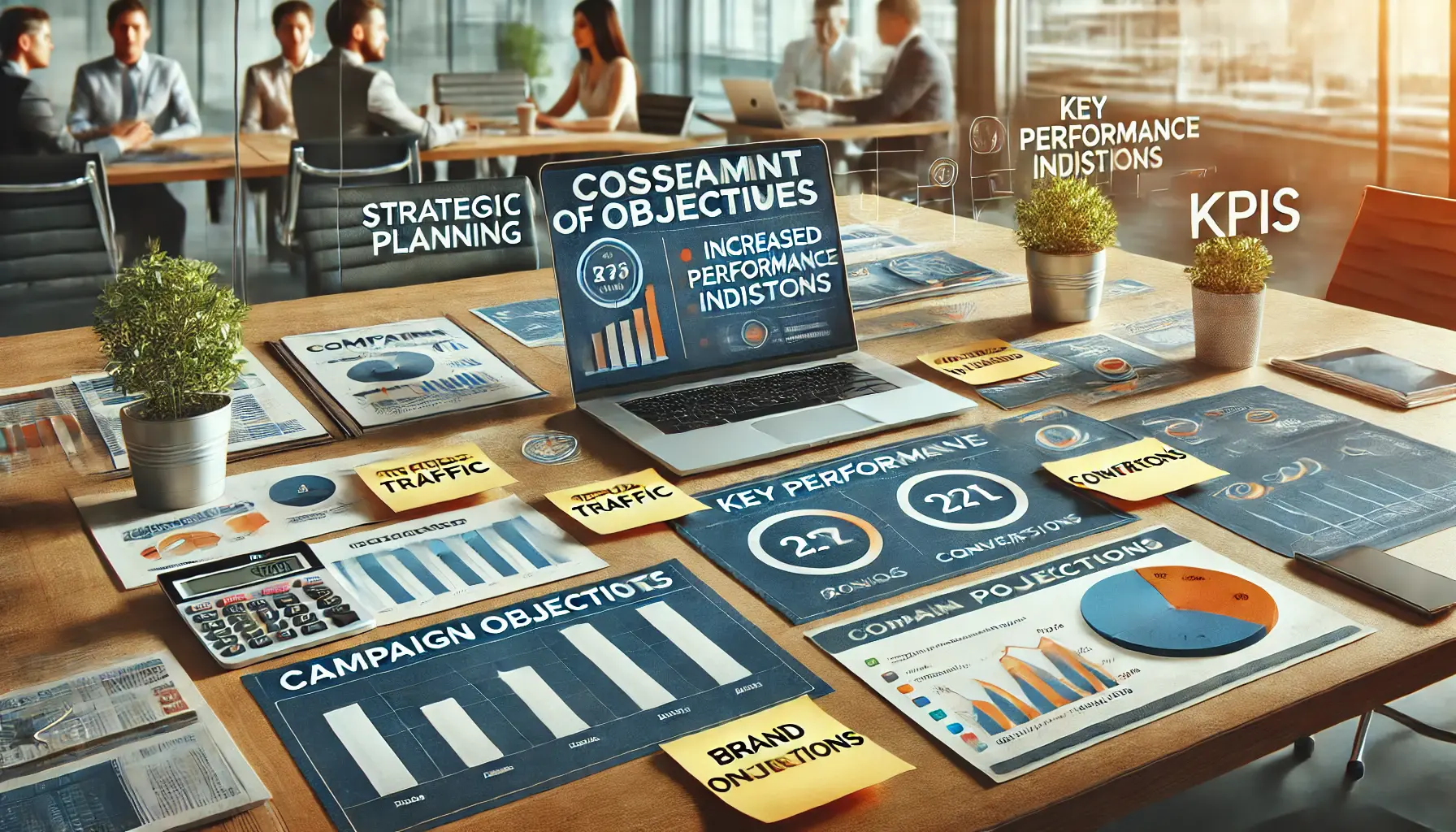 A strategic planning table with charts, KPIs, and sticky notes indicating campaign objectives.