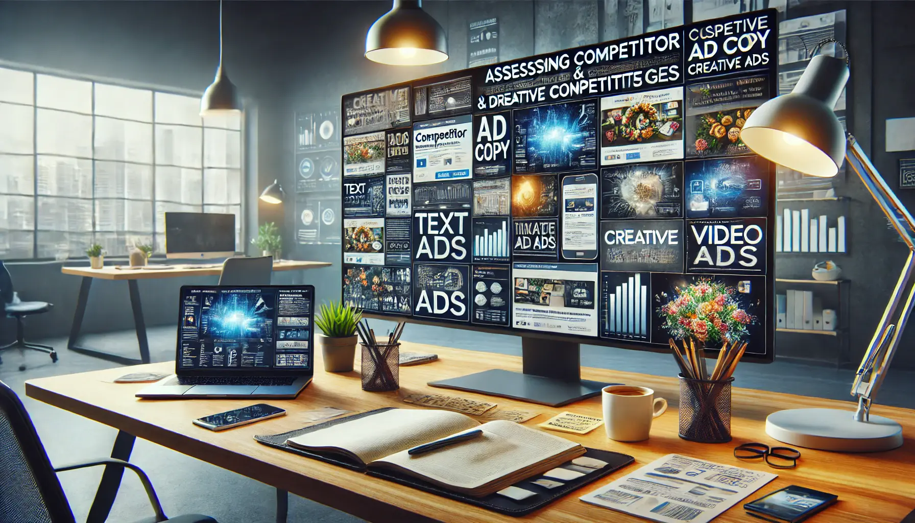 A creative digital marketing workspace showcasing various competitor ad copies and creative elements.