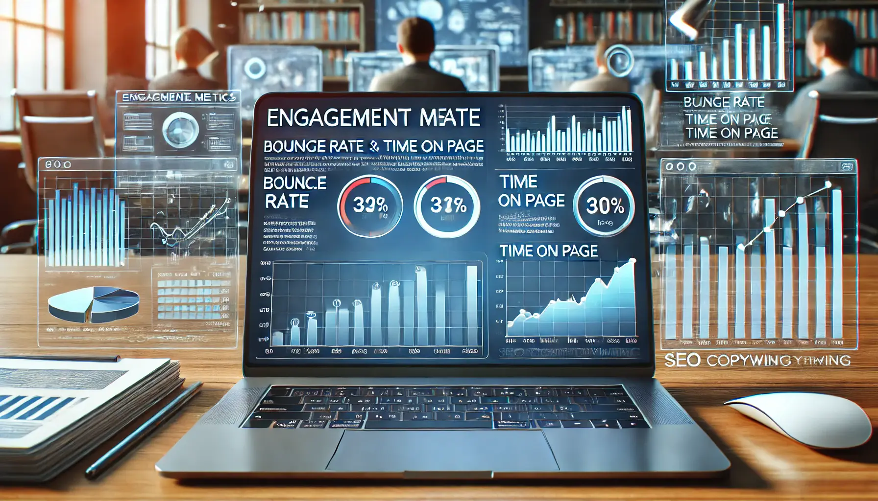 A digital workspace displaying an analytics dashboard with charts showing bounce rate and time on page statistics, alongside user behavior trends.