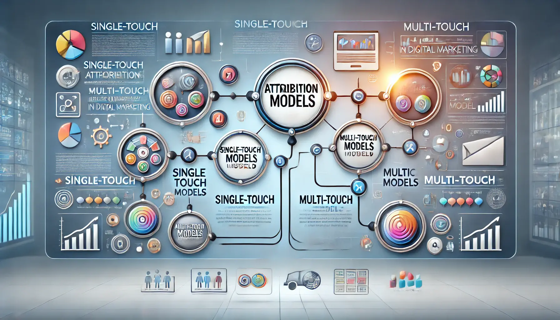 An informative image illustrating attribution models comparing single-touch and multi-touch in digital marketing, featuring a flowchart of attribution paths.