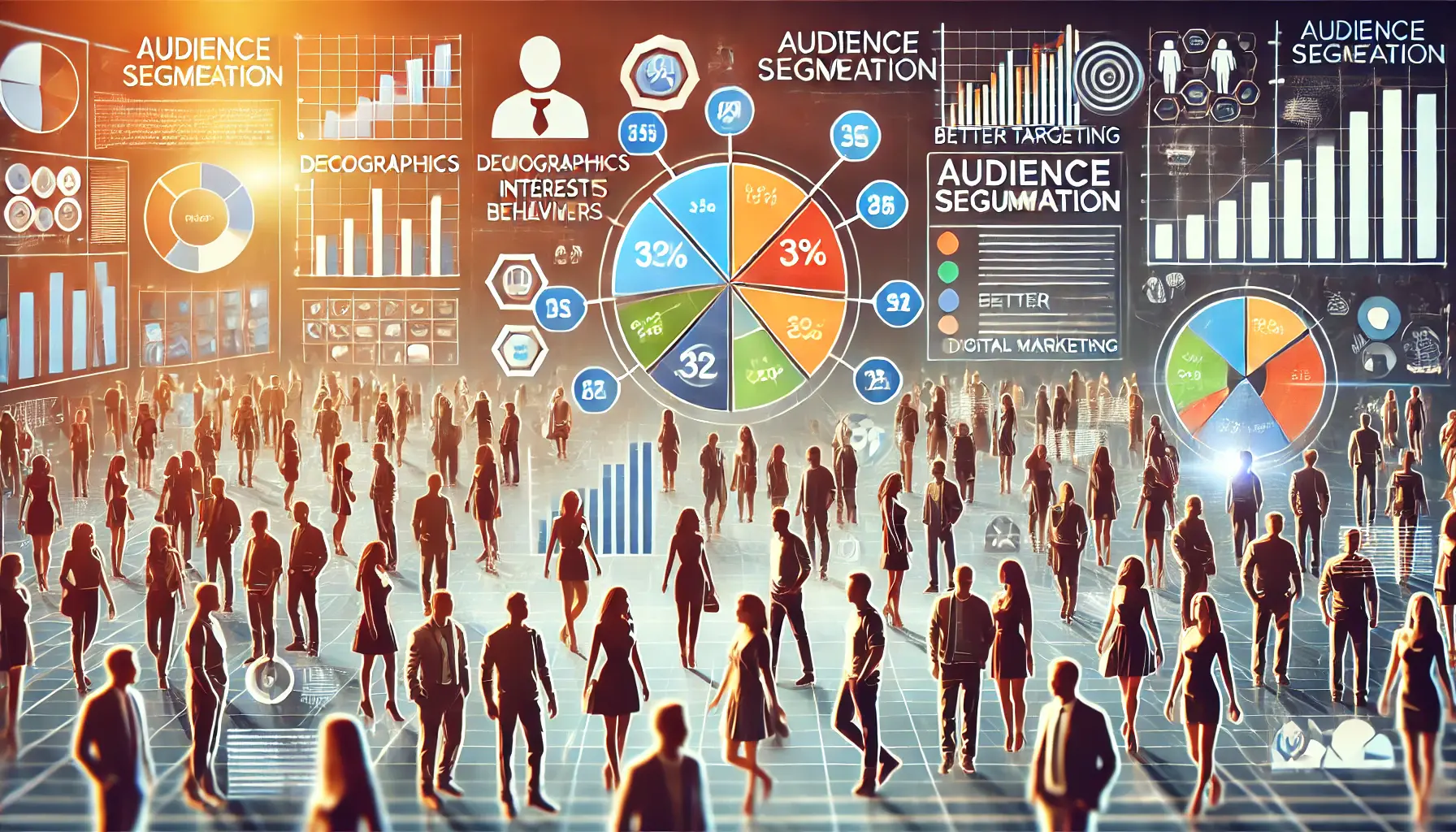 An illustrative image depicting audience segmentation for better targeting in digital marketing, featuring diverse groups and graphical representations.