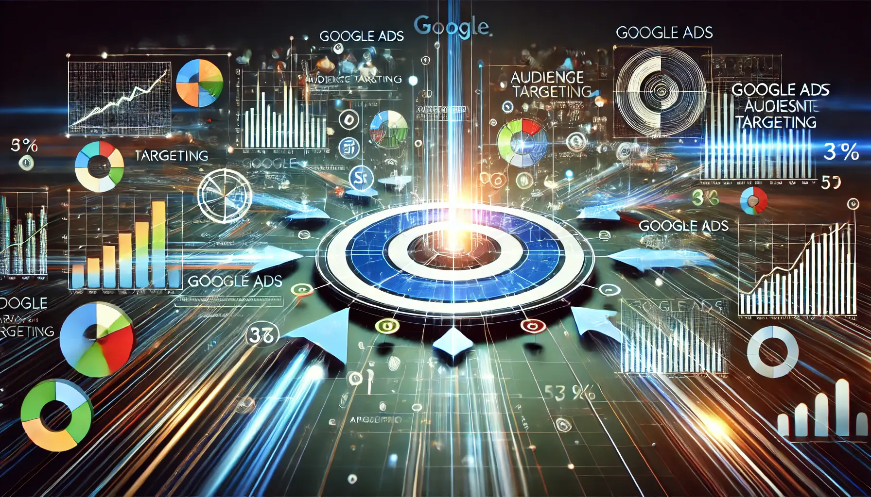 Abstract representation of audience targeting with data flow and segmentation in Google Ads.