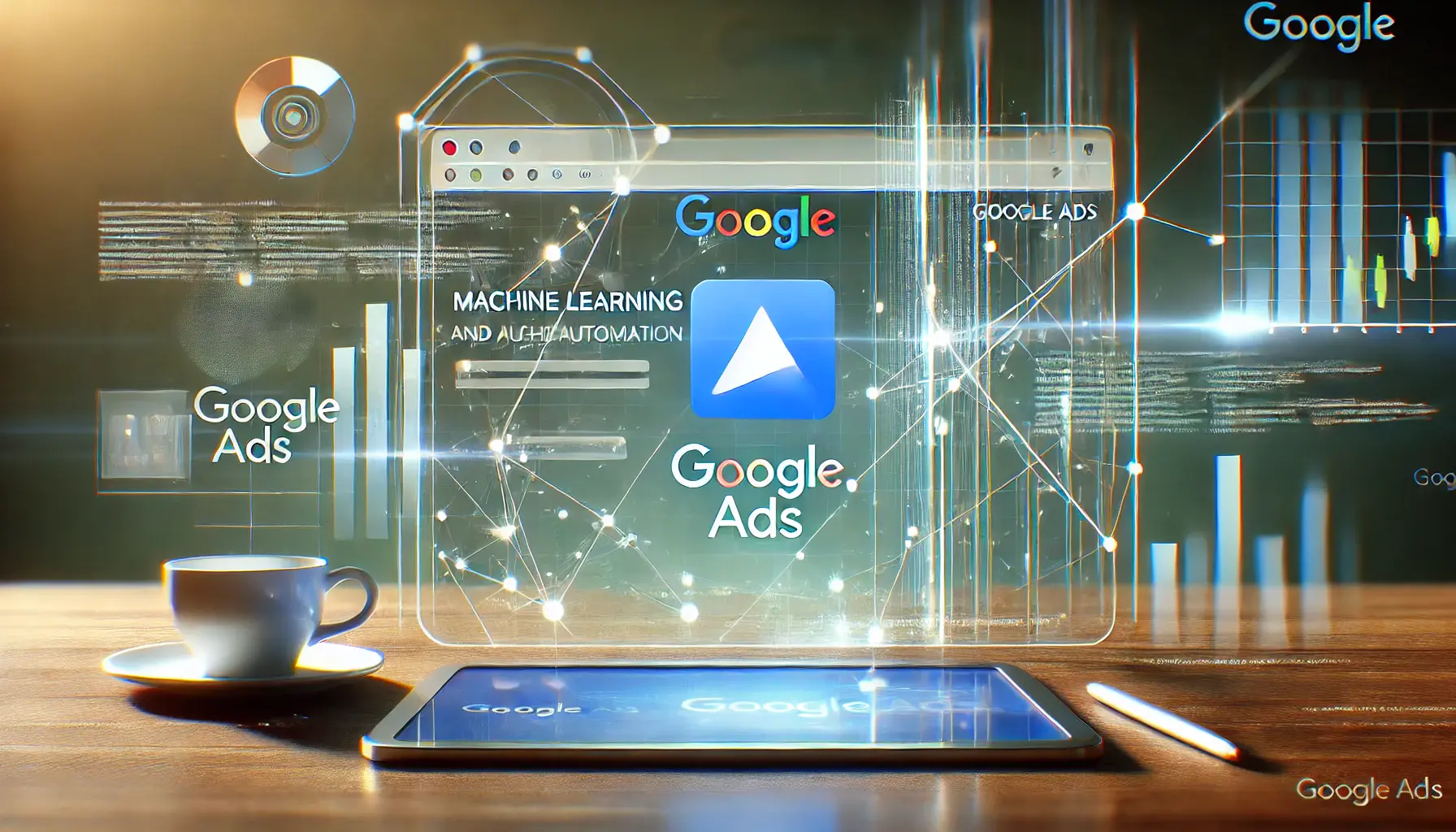 Abstract digital marketing scene showcasing machine learning and automation in Google Ads