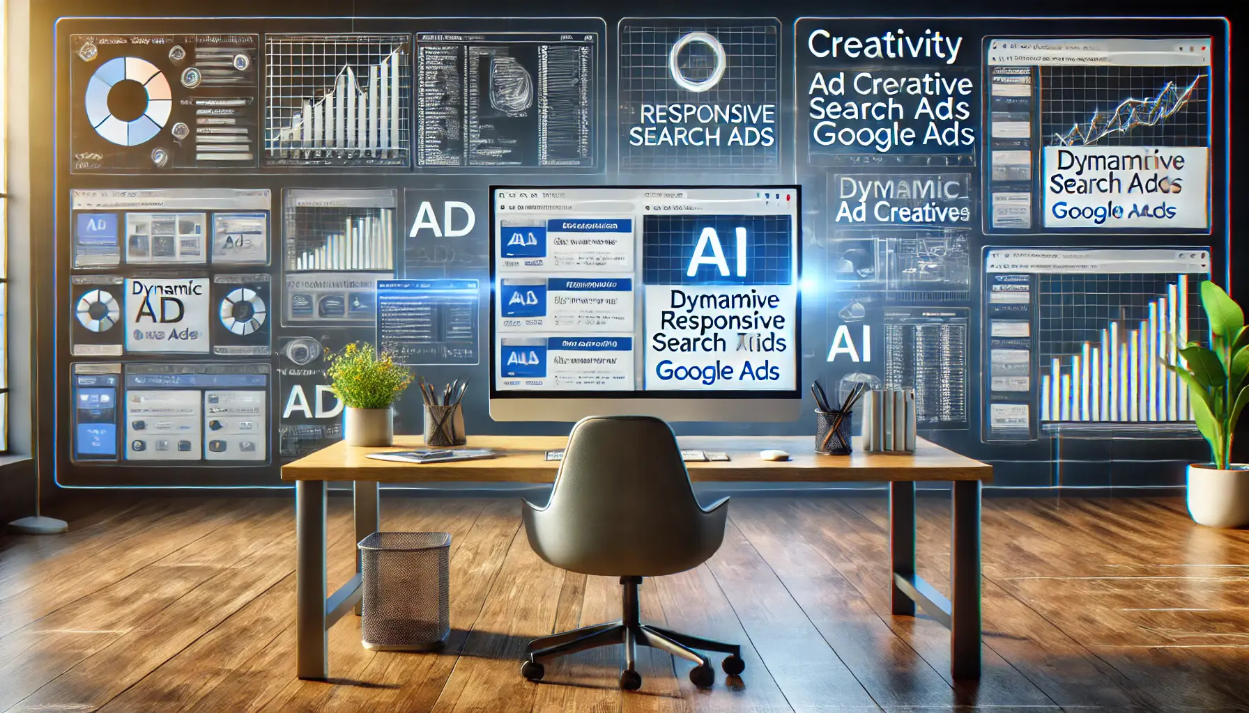 A professional digital marketing workspace showcasing a screen with various ad formats being automatically generated and tested in Google Ads.