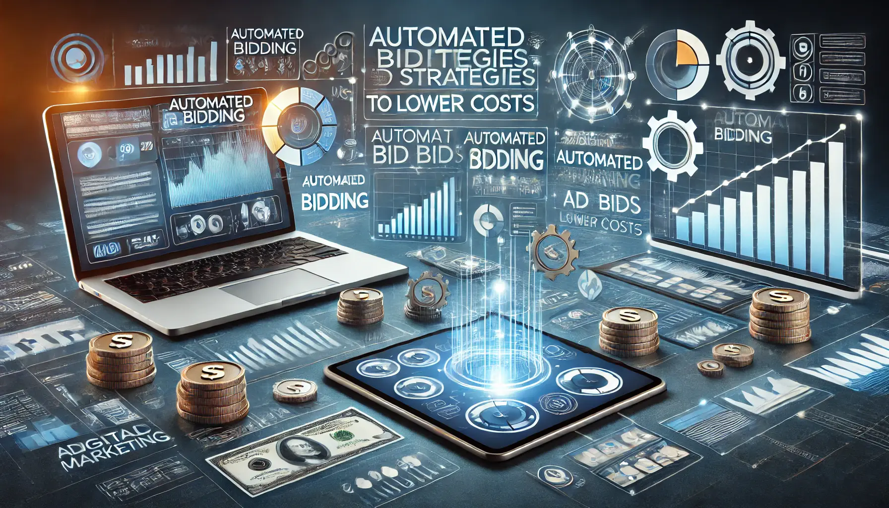 A digital marketing scene showing devices with dashboards displaying automated bid adjustments and campaign performance metrics, representing cost-saving strategies.