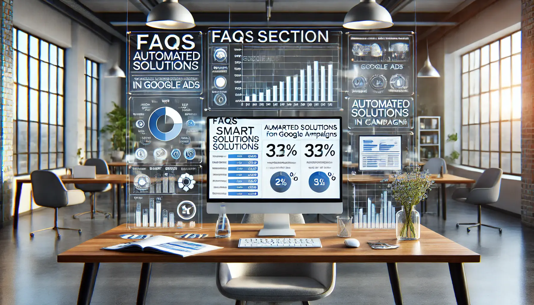 A professional workspace displaying performance metrics, smart bidding tools, and automated solutions being applied in Google Ads campaigns.