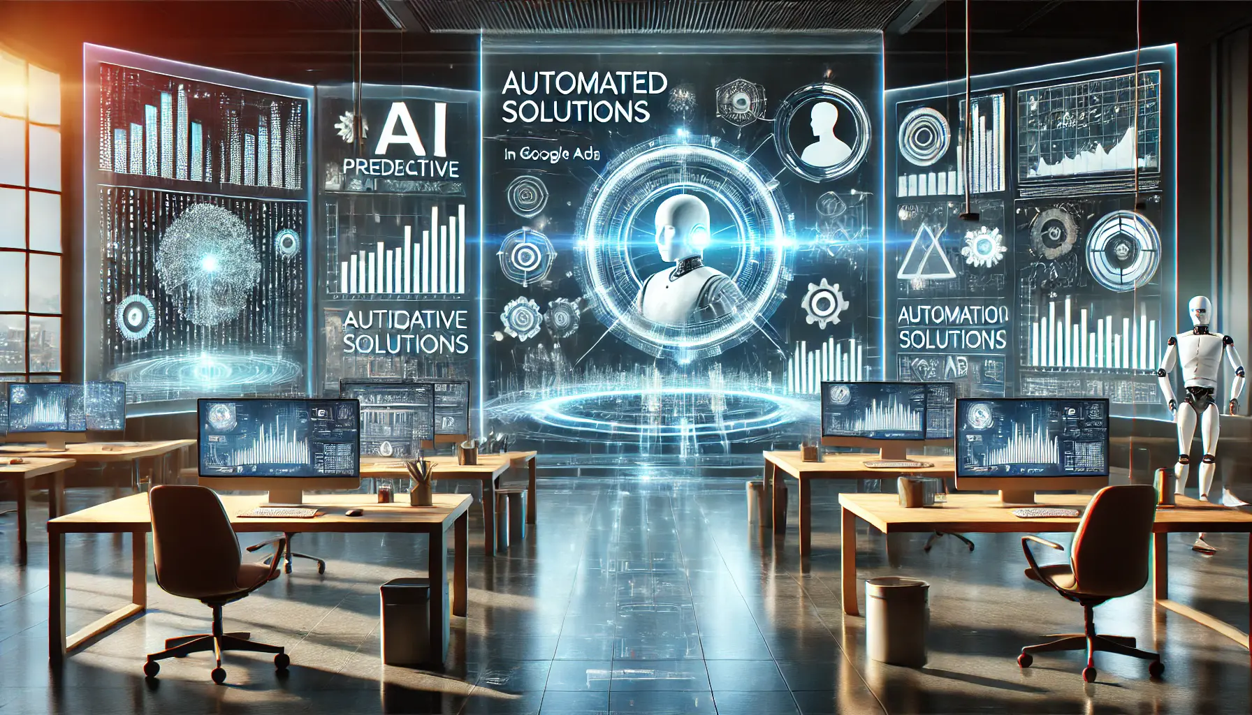 A futuristic digital marketing workspace displaying advanced AI tools, predictive analytics, and automation processes optimizing Google Ads campaigns in real-time.