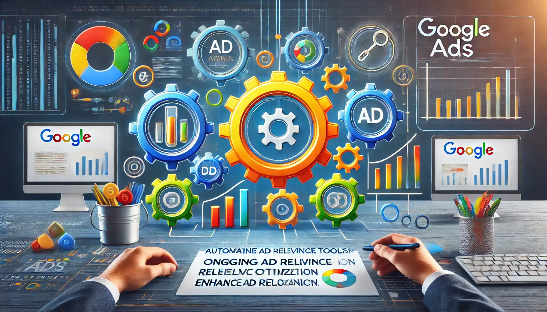 Image illustrating automated ad relevance optimization with icons for automation gears, data metrics, and optimization symbols.