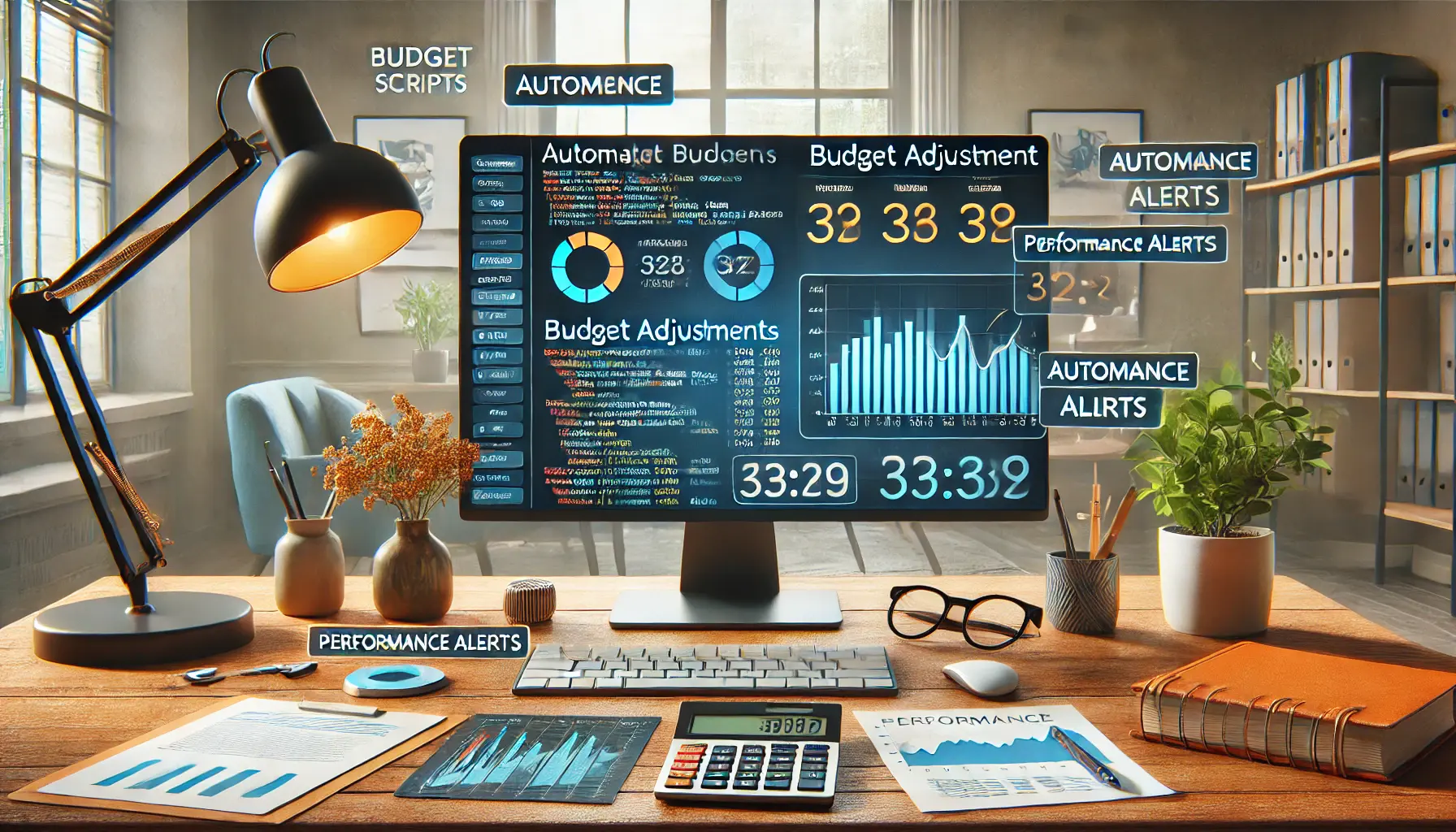 A modern office workspace displaying a coding interface for budget adjustment scripts in Google Ads.