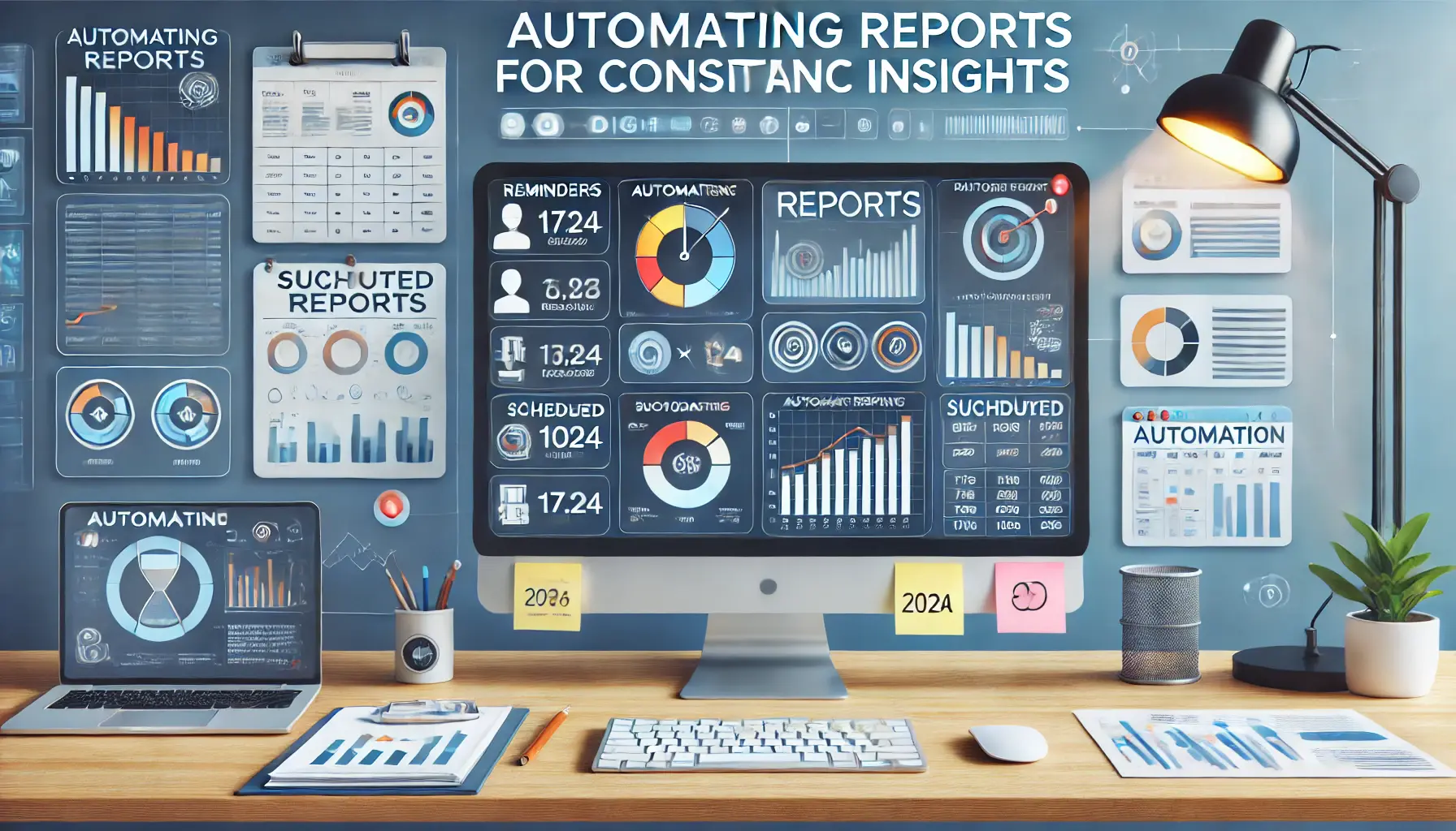 Image depicting a digital workspace with a computer showing an automated reporting dashboard featuring graphs and charts.