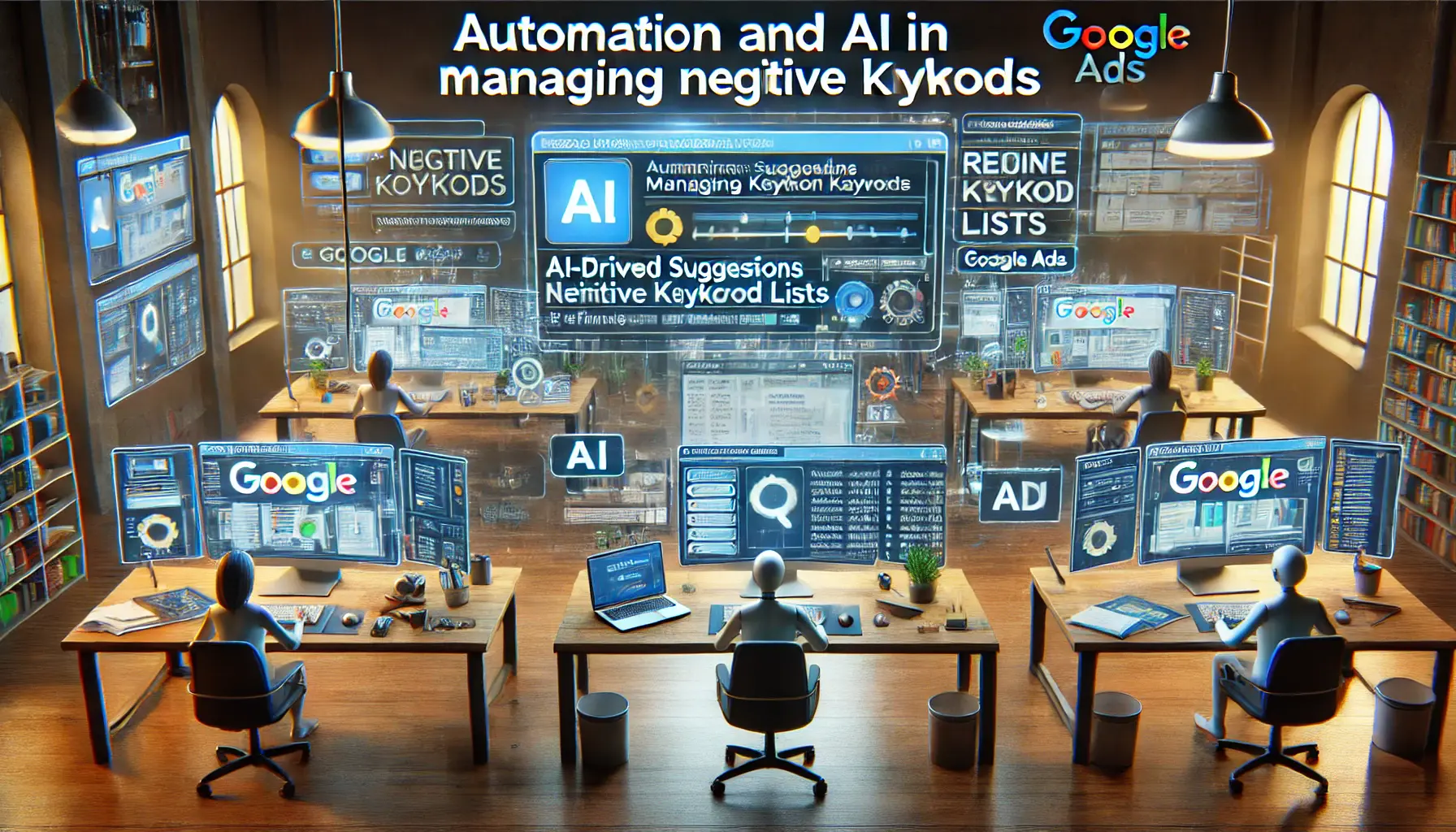 Digital advertising workspace featuring AI-powered platforms and automation tools managing negative keyword lists.