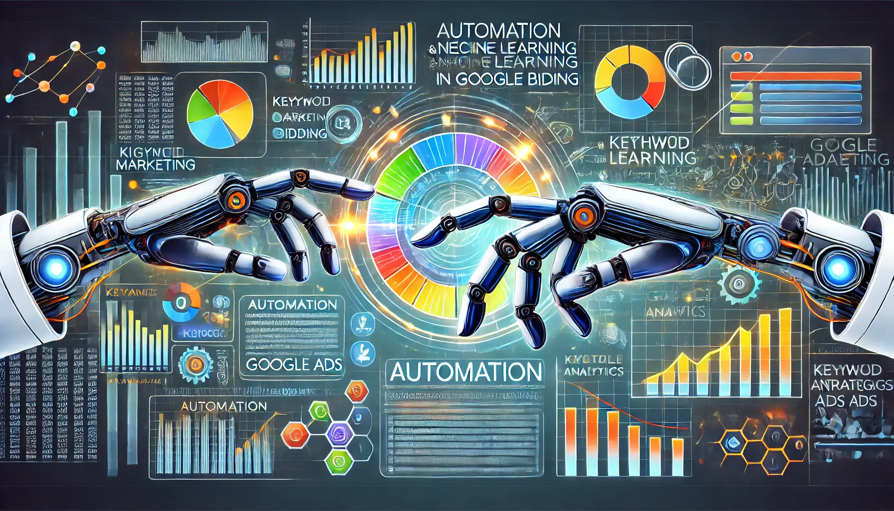 A sophisticated digital marketing illustration depicting automation and machine learning in keyword bidding, featuring robotic arms and neural networks.