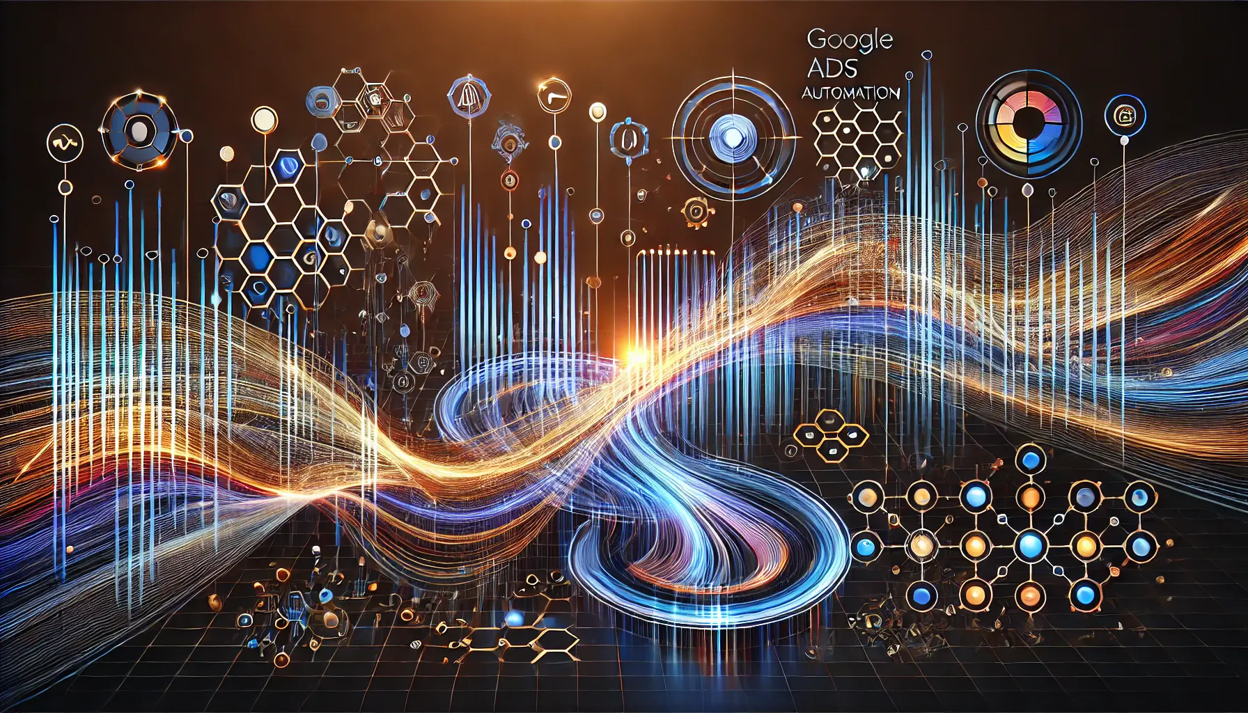 Abstract representation of machine learning in Google Ads with data lines, interconnected nodes, and layered structures symbolizing data analysis and predictive targeting