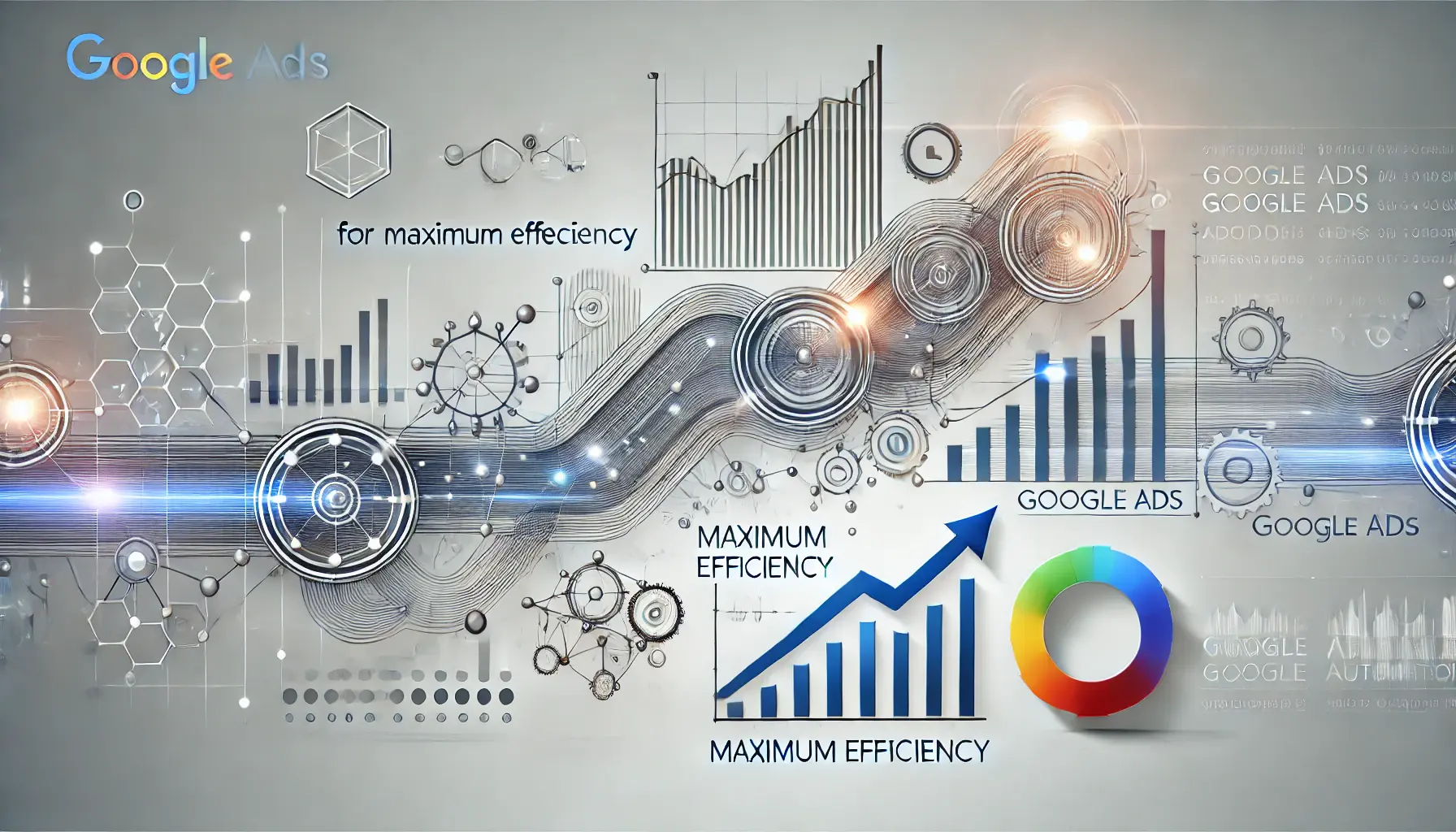 Abstract representation of Google Ads automation with interconnected nodes, flowing data lines, and upward trending graphs symbolizing optimization