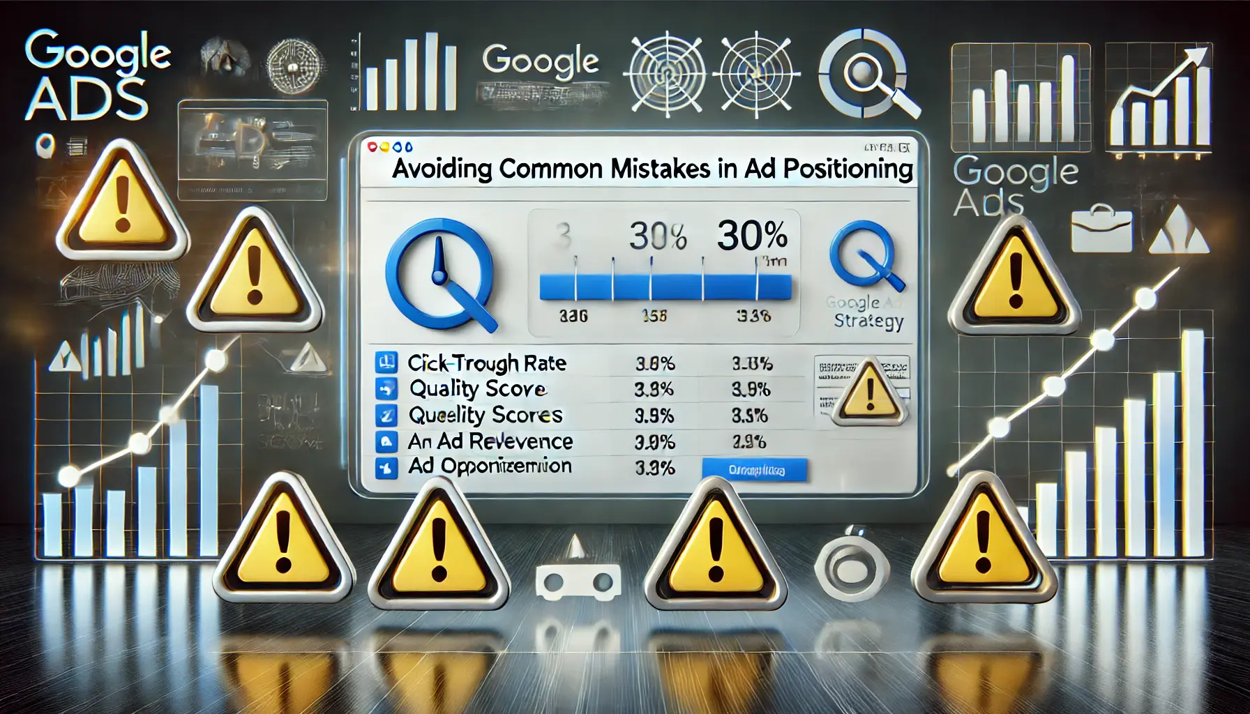 A Google Ads dashboard displaying performance metrics such as click-through rates and quality scores, with warning icons highlighting common mistakes like overbidding and poor optimization. Surrounding the dashboard are abstract symbols representing strategy and correction.