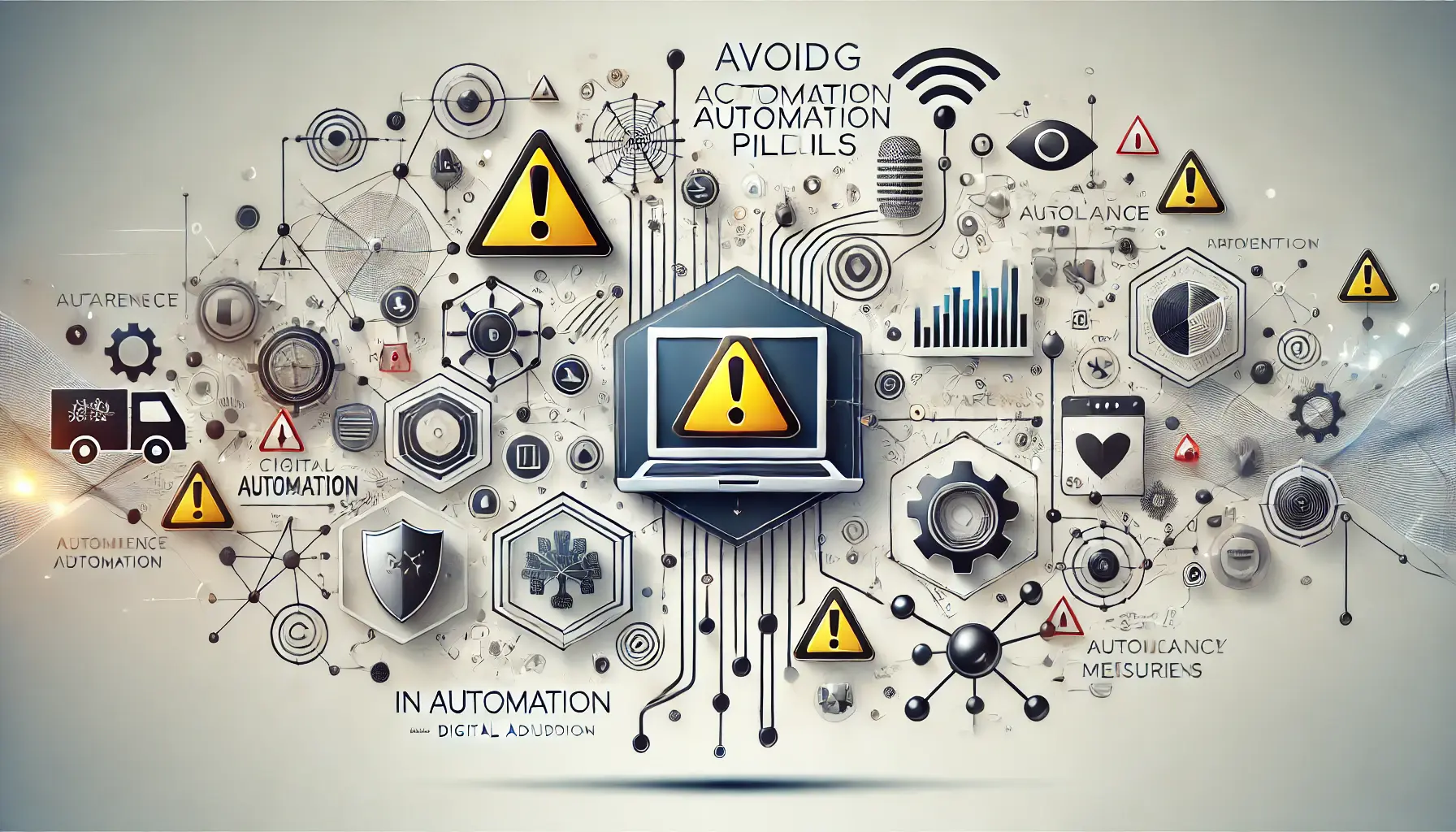 Abstract representation of avoiding automation pitfalls with warning signs, barriers, and interconnected nodes symbolizing caution and awareness