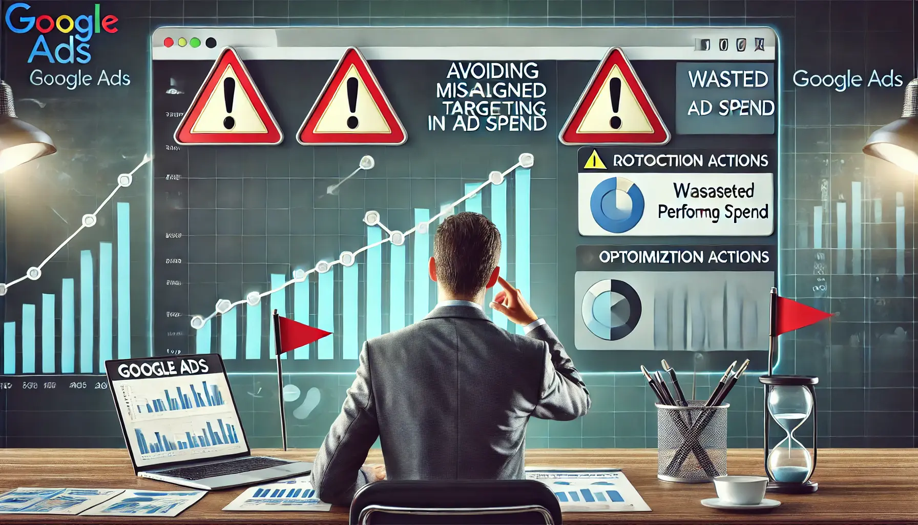 A professional image illustrating avoiding common mistakes in Google Ads, with warning icons, misaligned targeting, and optimization adjustments.