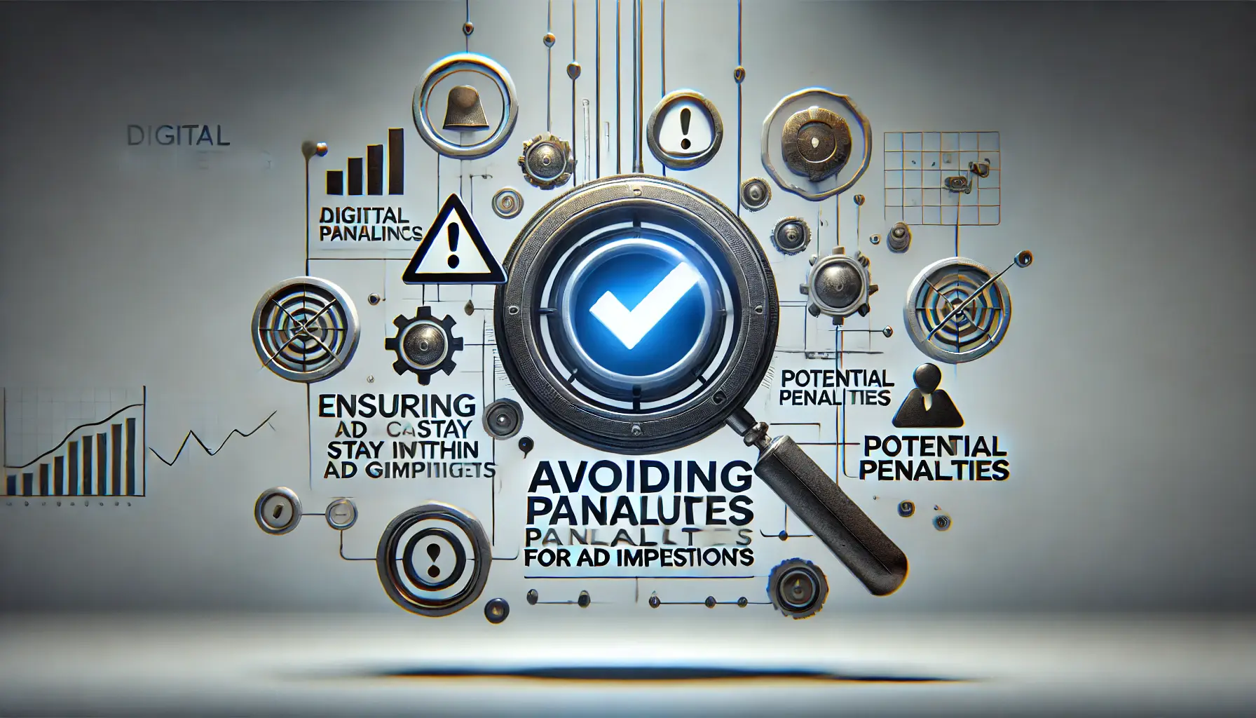 Visualization showing compliance, monitoring, and avoiding penalties for ad impressions with icons like a checkmark, warning triangle, and magnifying glass.