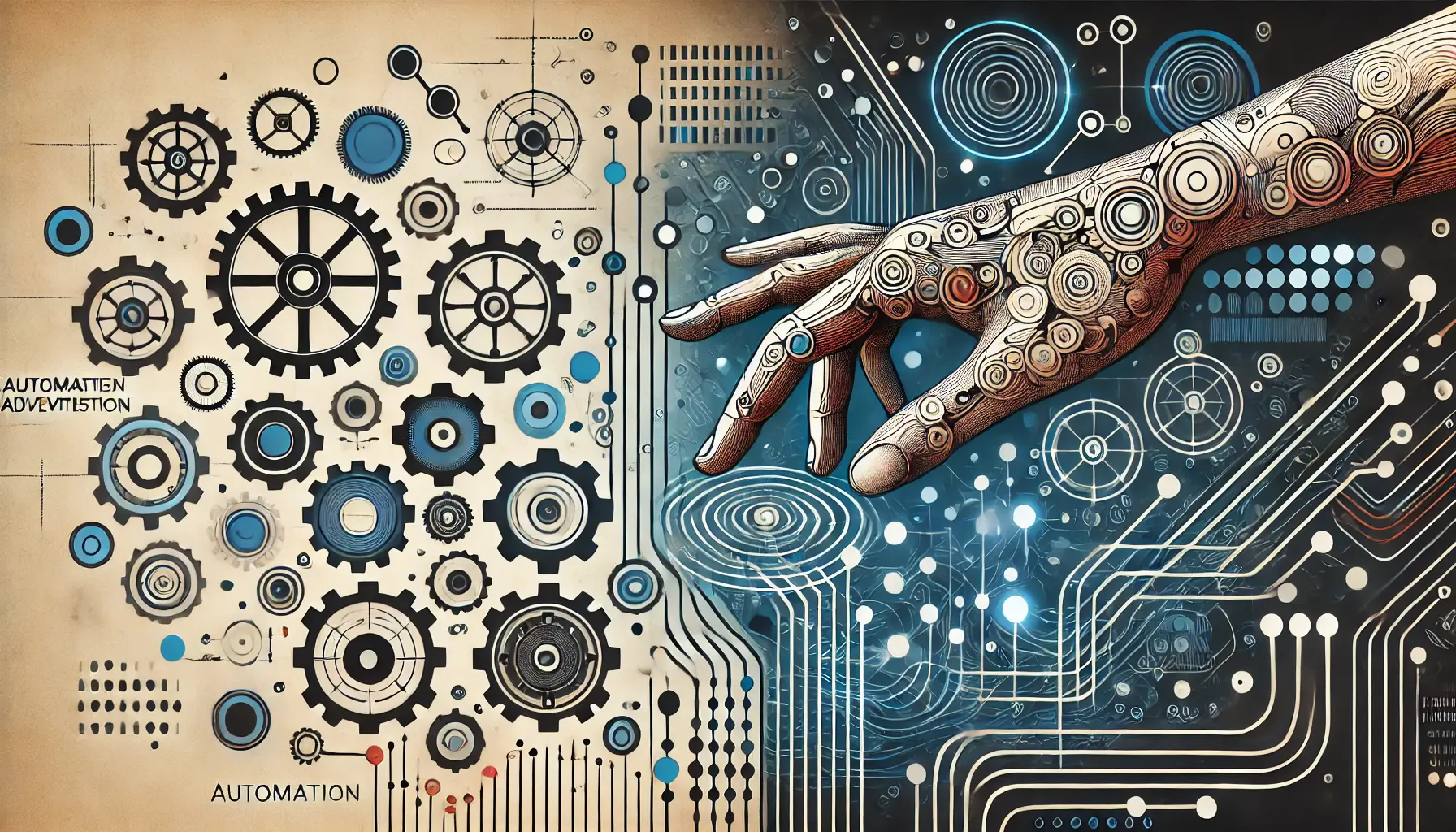 Abstract representation of balancing automation and manual optimization with gears, interconnected nodes, and flowing data lines