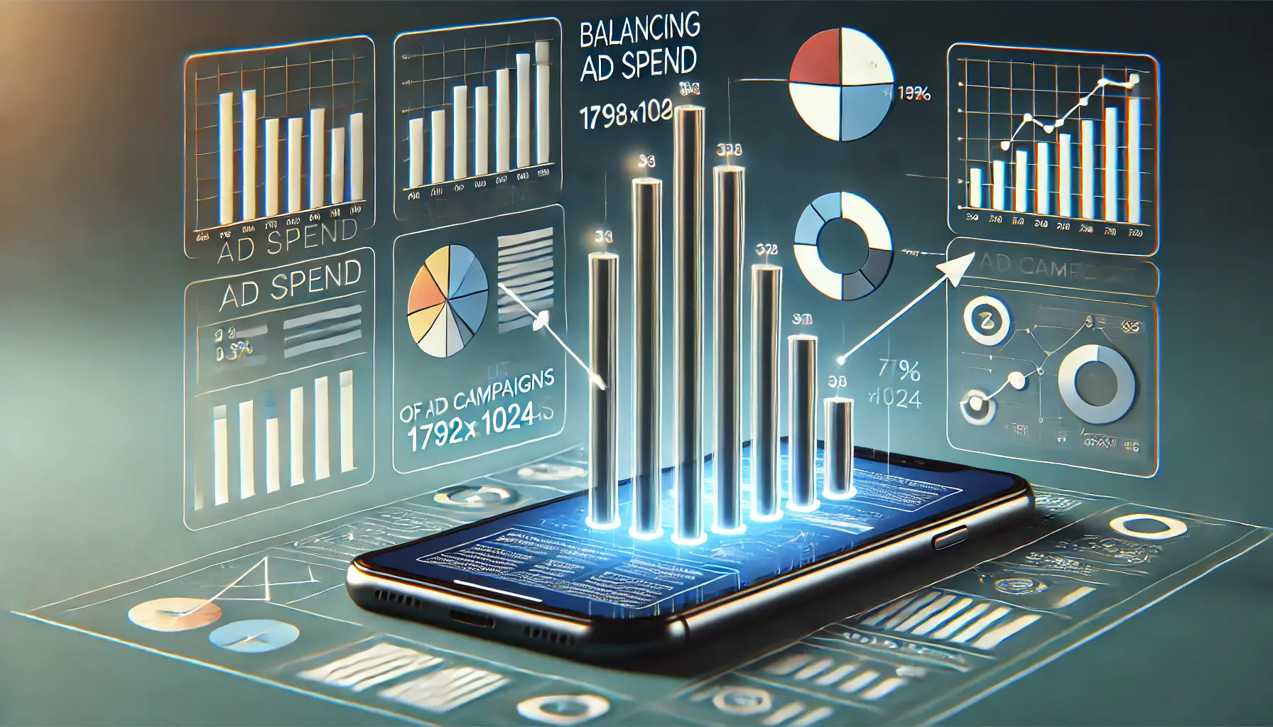 Smartphone displaying app ad with bar and pie charts representing ad spend distribution across campaigns