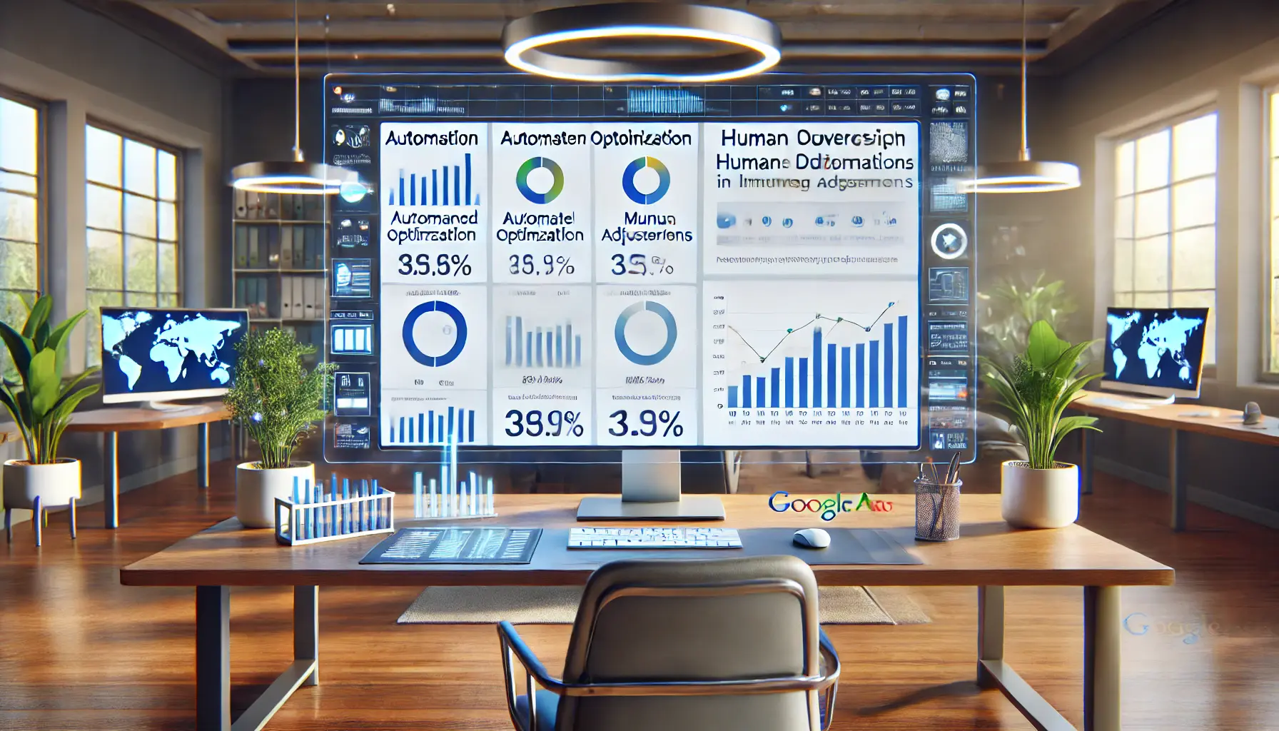 A professional workspace showing a blend of automated campaign performance metrics and manual optimization tools, highlighting the collaboration between automation and human oversight.