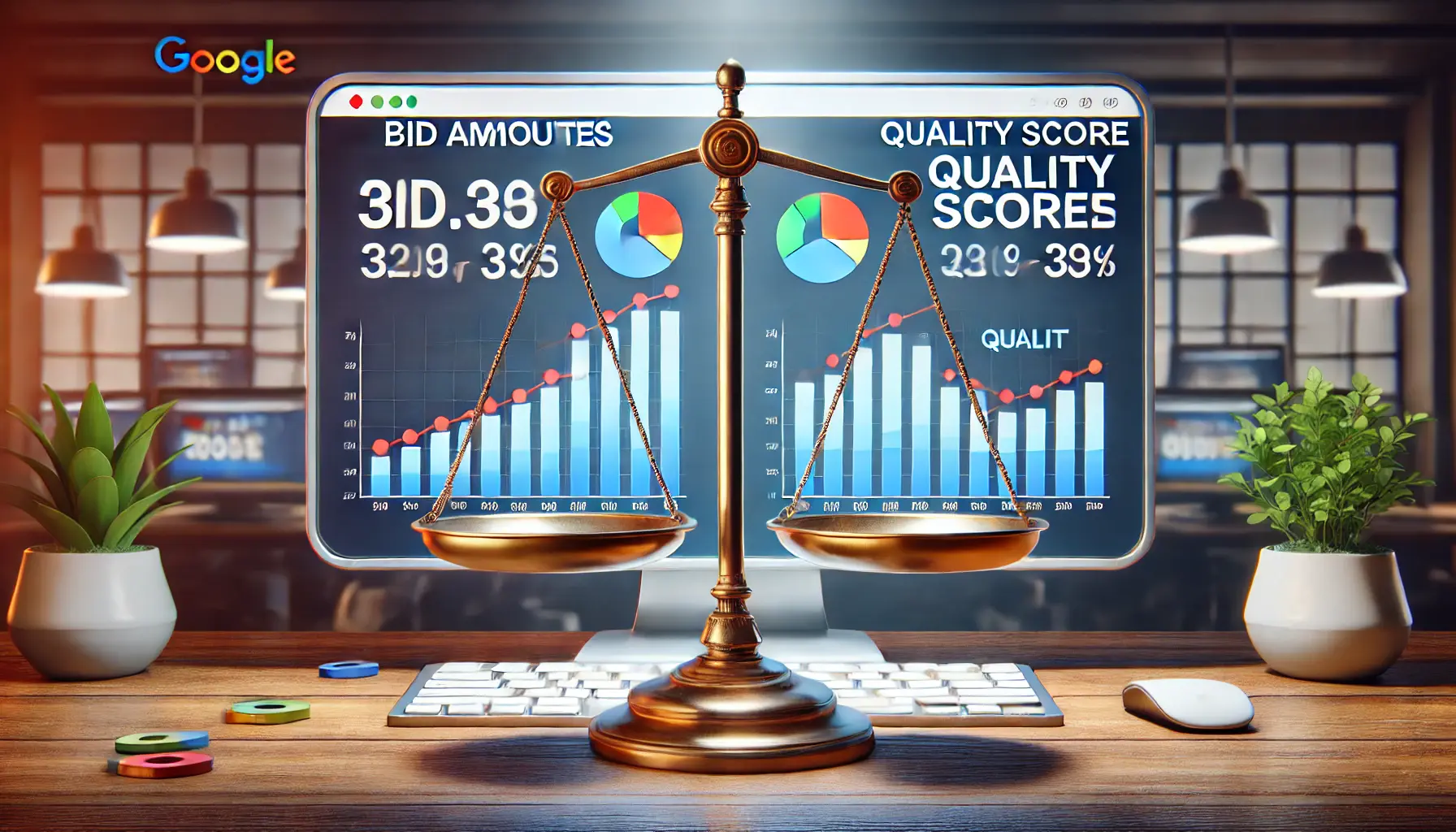 A realistic illustration depicting the balance between bid amounts and quality scores in Google Ads, featuring a computer screen with a dashboard showing related metrics.