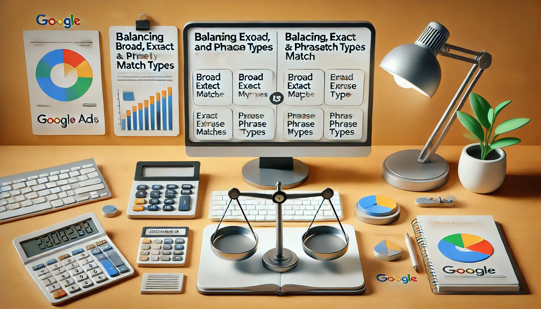 A digital marketing workspace with a comparison chart of keyword match types.