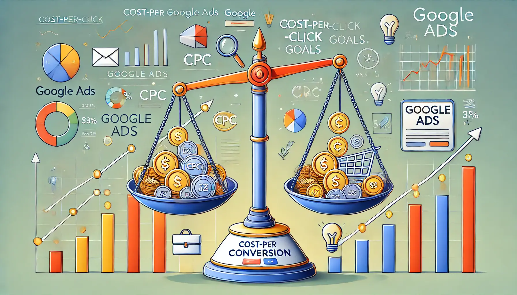 A detailed digital marketing illustration depicting the balance between CPC and conversion goals, featuring a scale with coins and conversion icons.