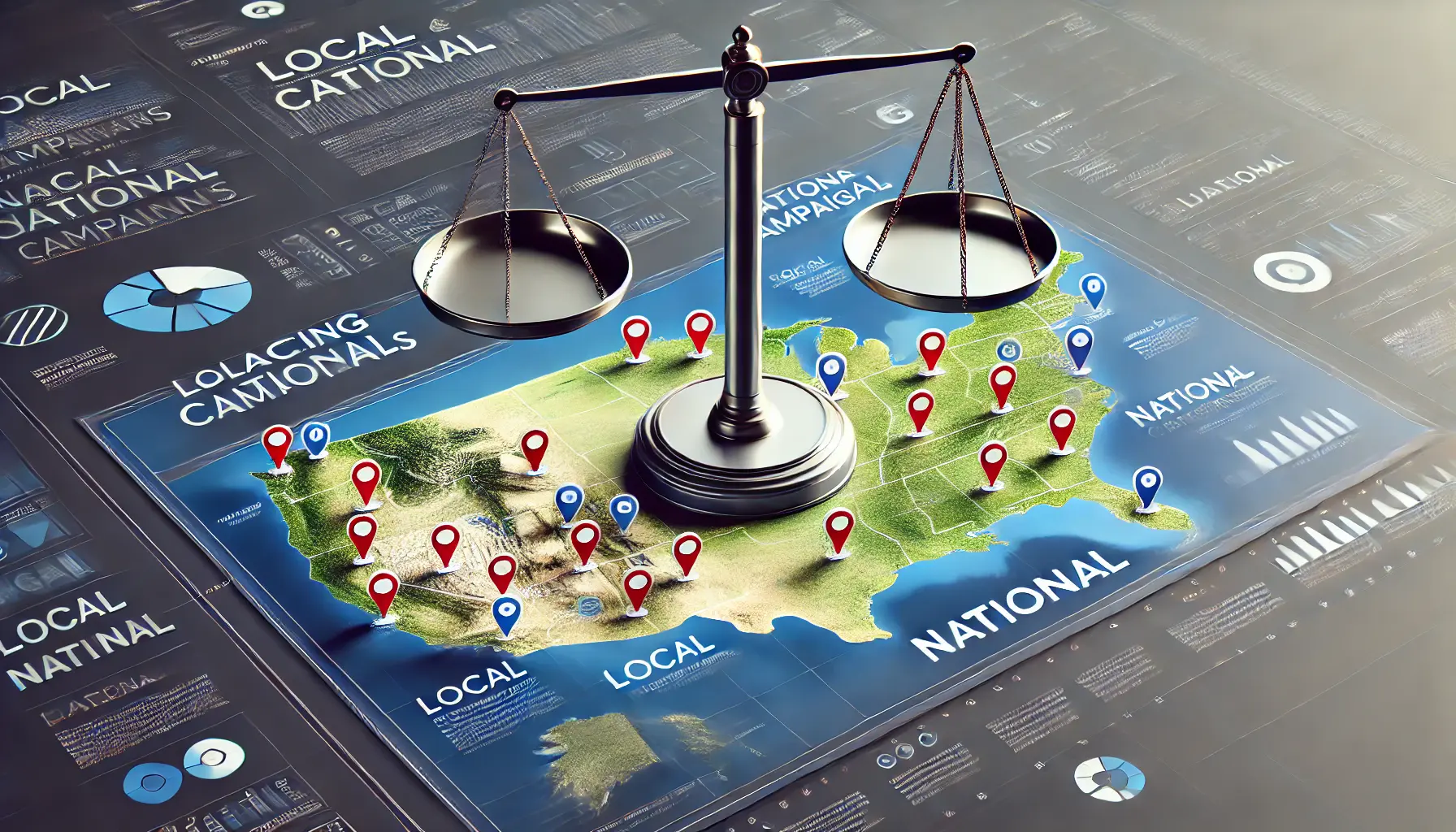 A digital map showing both local and national regions with targeting icons, representing the balance between local and national ad campaigns