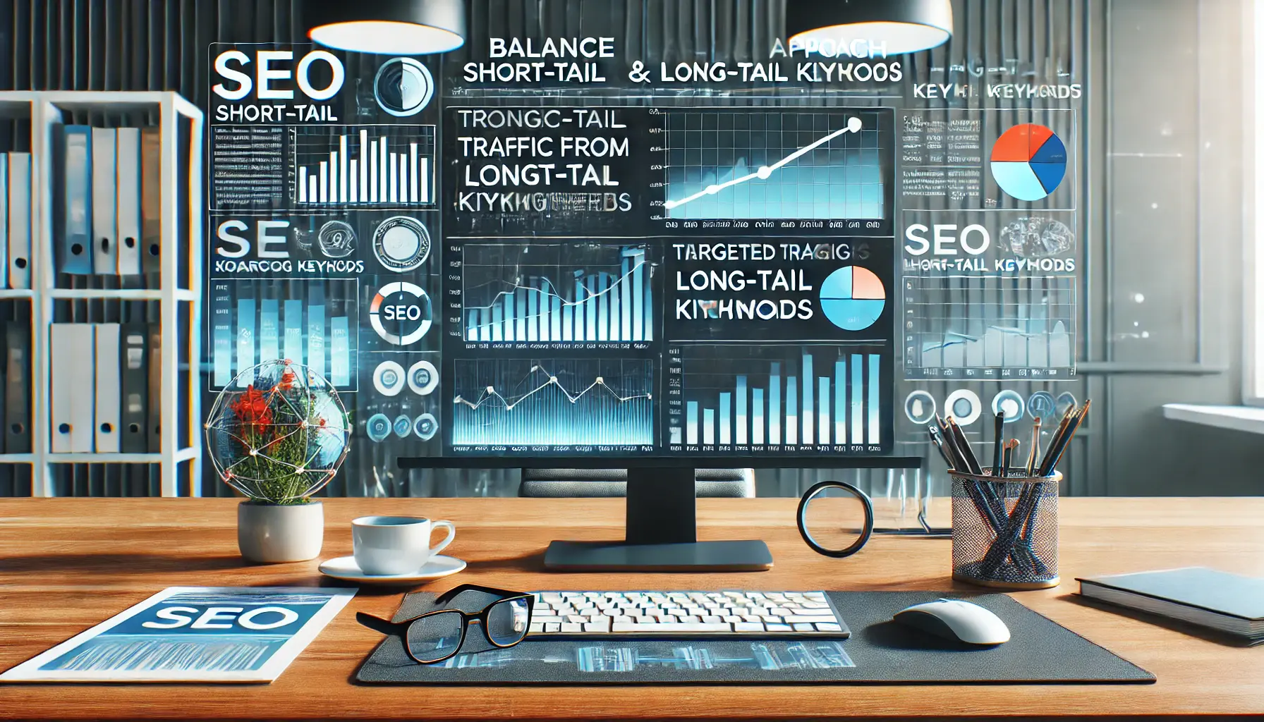 A professional SEO workspace showing a balanced approach between long-tail and short-tail keywords with graphs comparing search volume and competition