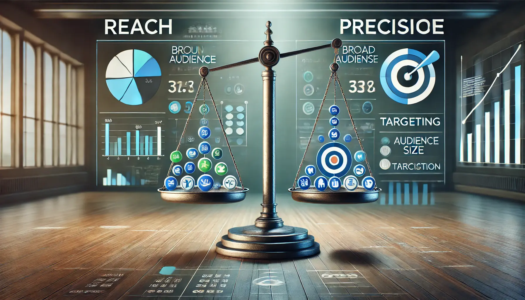 A professional image illustrating the concept of balancing reach and precision in Google Ads, with a balance scale showing broad audience reach versus precise targeting.